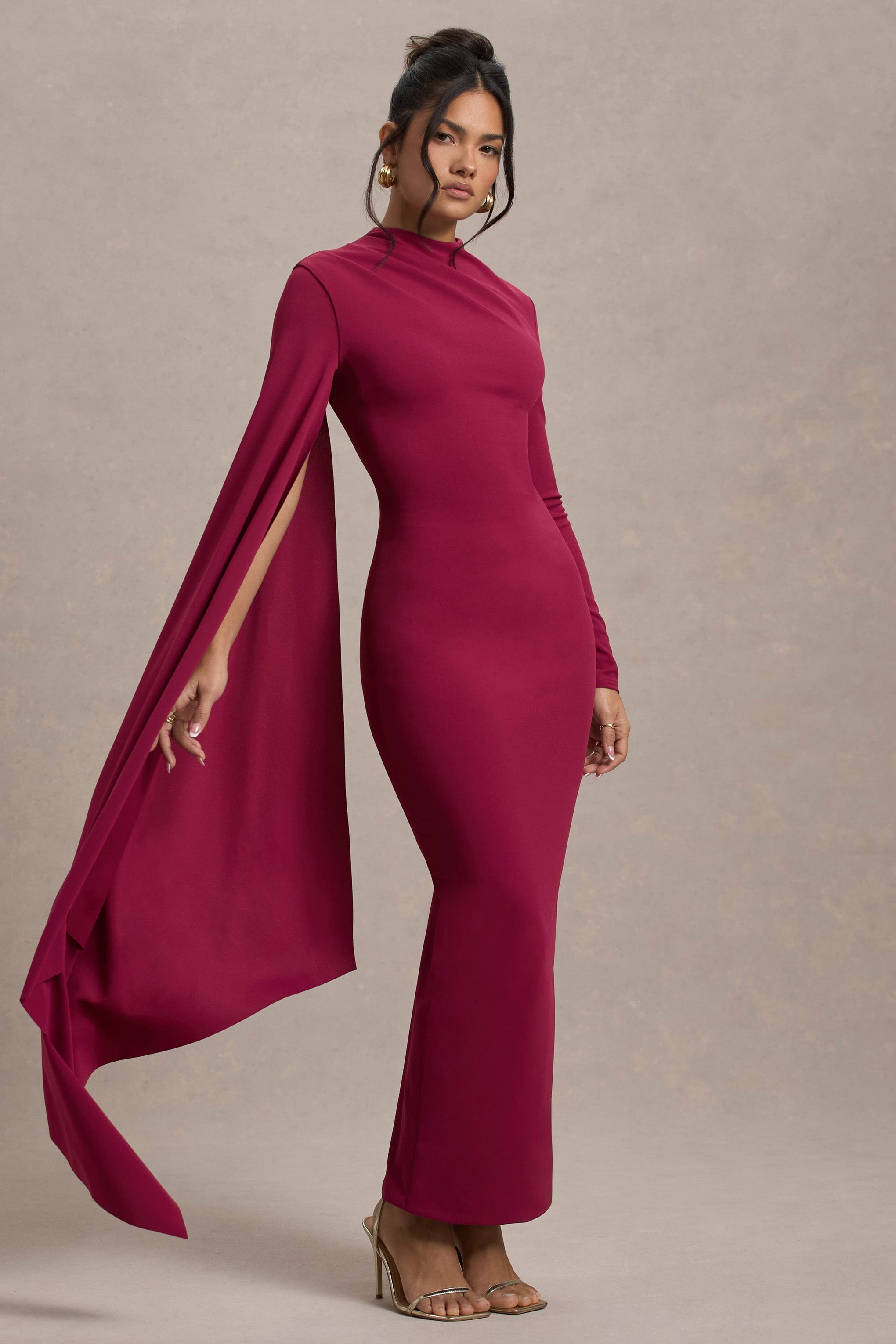 Aldona Mulberry High-Neck Long-Sleeve Maxi Dress With Cape Sleeve