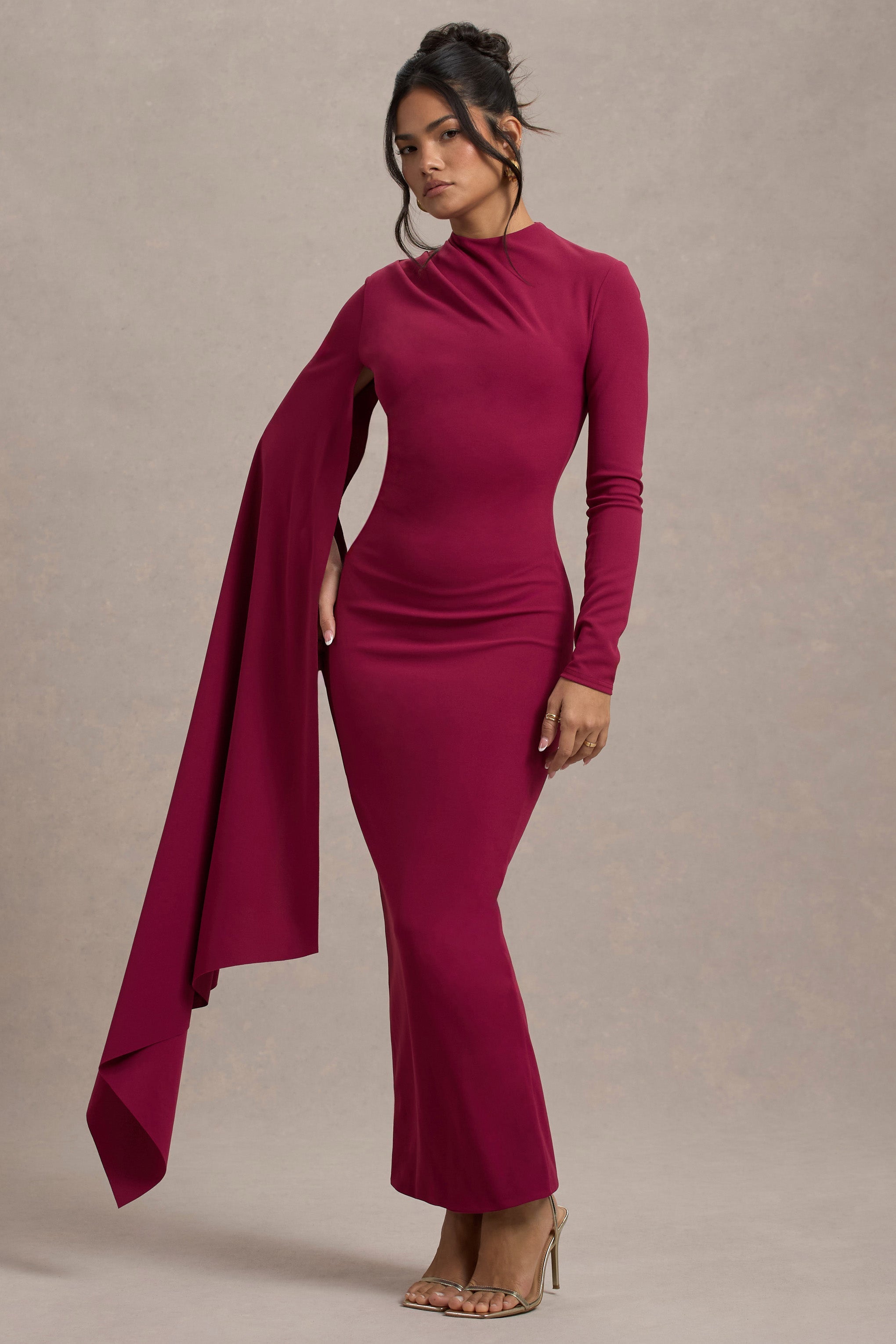 Aldona Mulberry High-Neck Long-Sleeve Maxi Dress With Cape Sleeve