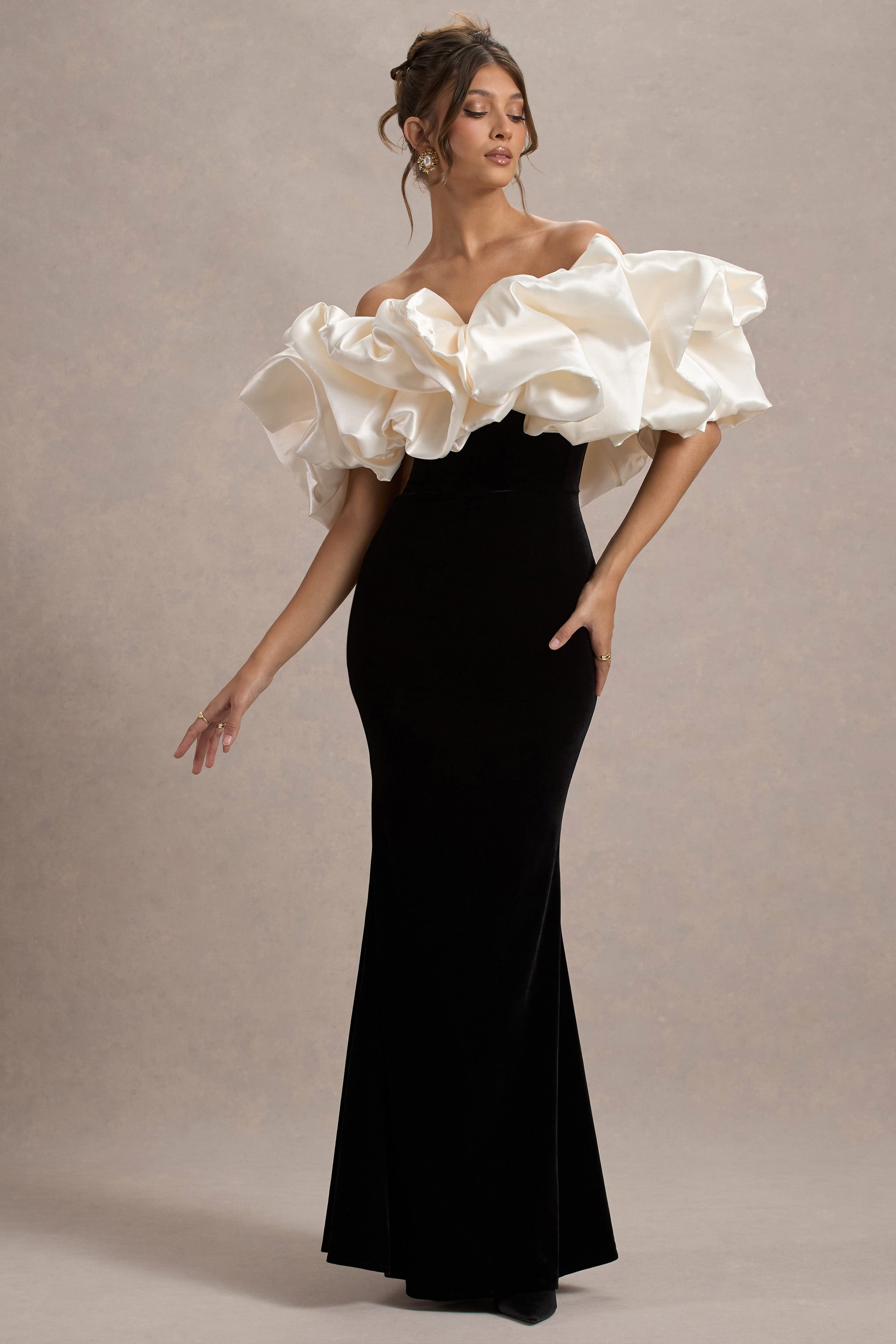 Cecily Black Velvet Bardot Maxi Dress With Satin Ruffle Trim