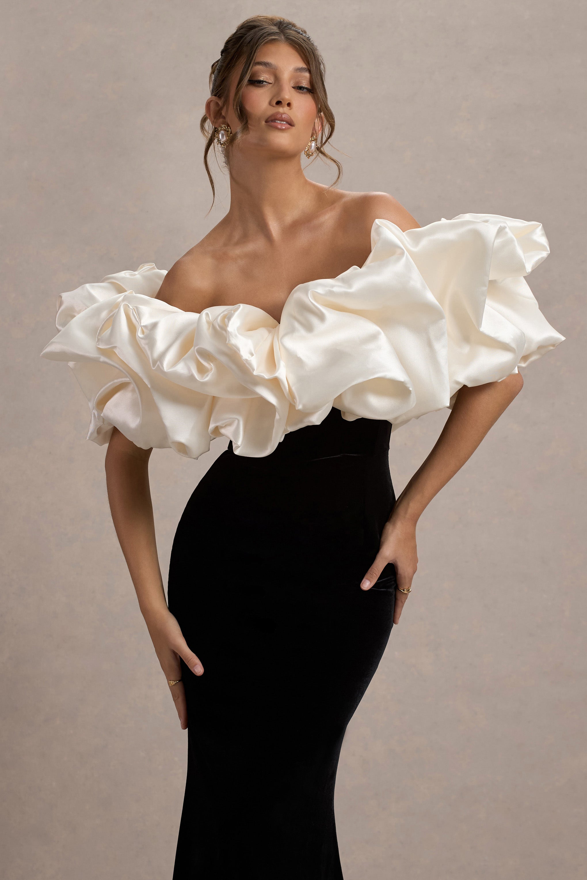 Cecily Black Velvet Bardot Maxi Dress With Satin Ruffle Trim