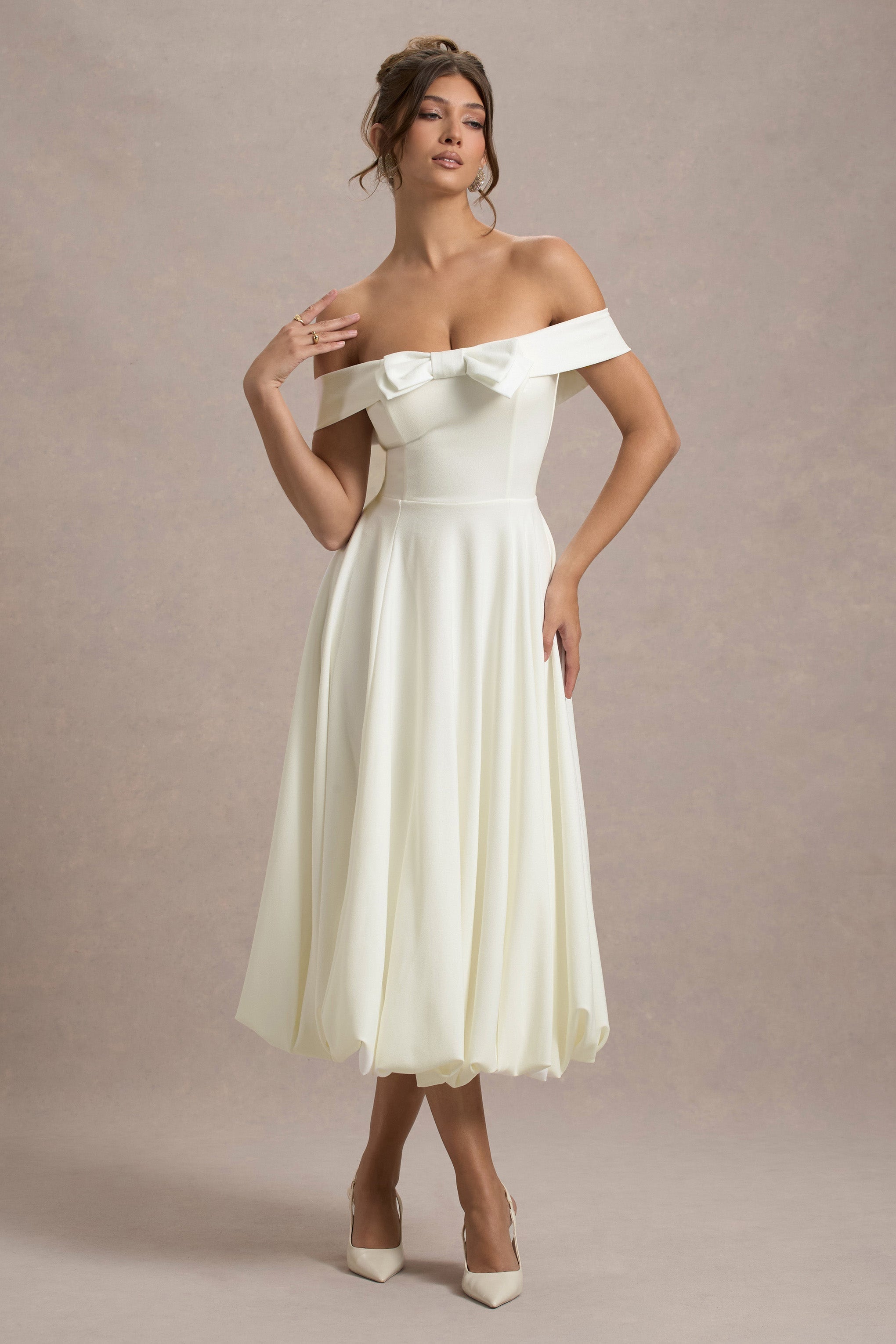Calliopia Cream Bow Bardot Midi Dress With Puff-Ball Skirt