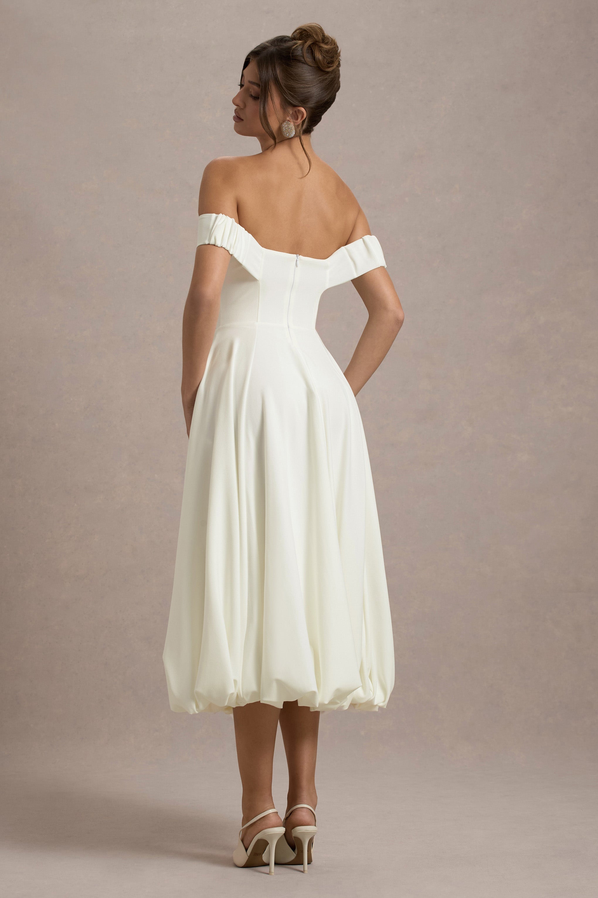 Calliopia Cream Bow Bardot Midi Dress With Puff-Ball Skirt