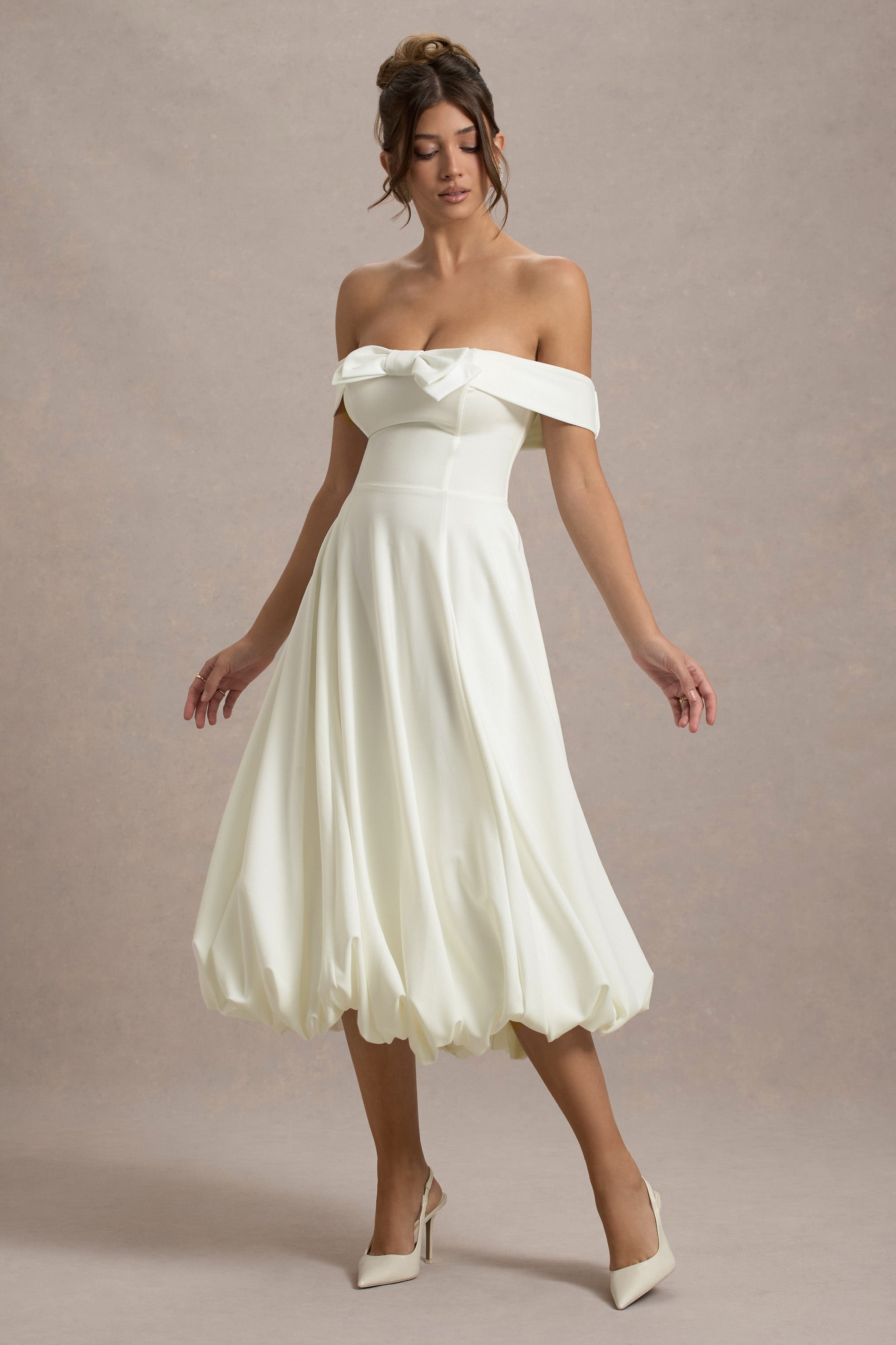 Calliopia Cream Bow Bardot Midi Dress With Puff-Ball Skirt