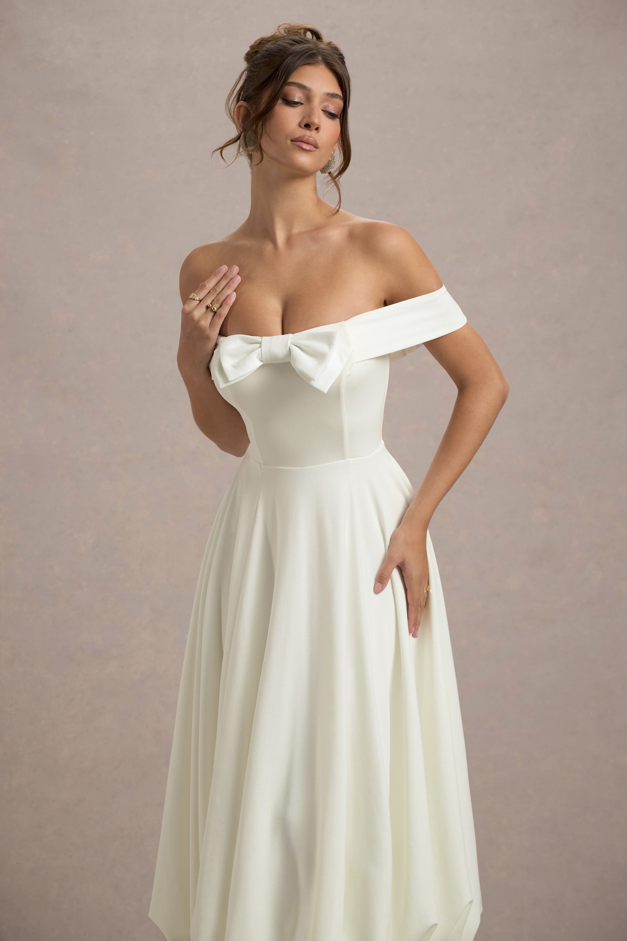 Calliopia Cream Bow Bardot Midi Dress With Puff-Ball Skirt