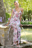 Leading Lady Pink Floral Print Chiffon Asymmetric Ruffle Maxi Dress