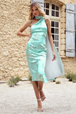 Madame Mint Green Floral Print Satin Asymmetric Scarf Neck Backless Midi Dress