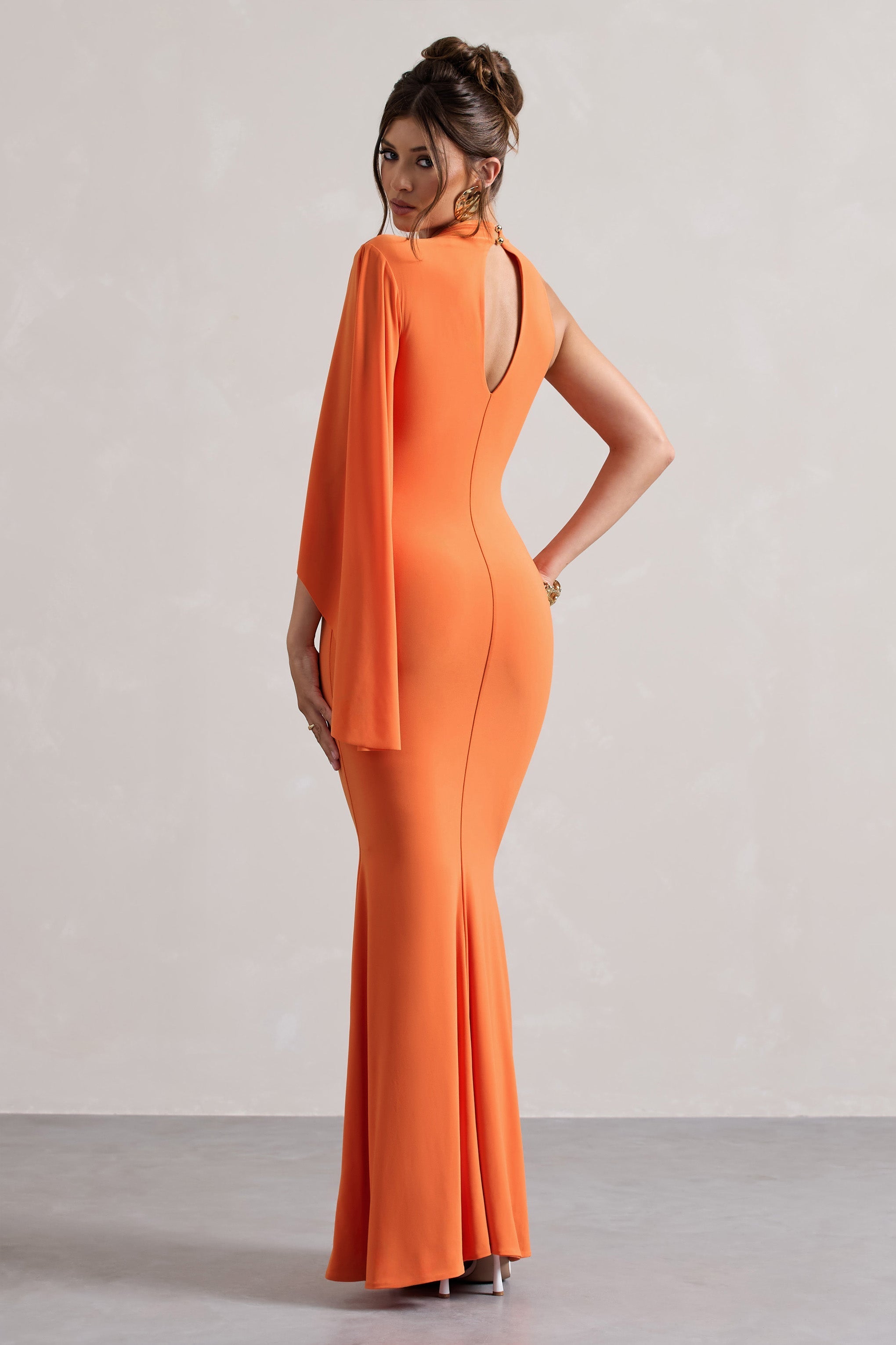 Samaya Orange High-Neck Cape-Sleeve Maxi Dress