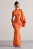 Samaya Orange High-Neck Cape-Sleeve Maxi Dress