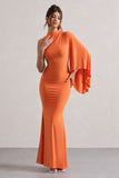Samaya Orange High-Neck Cape-Sleeve Maxi Dress