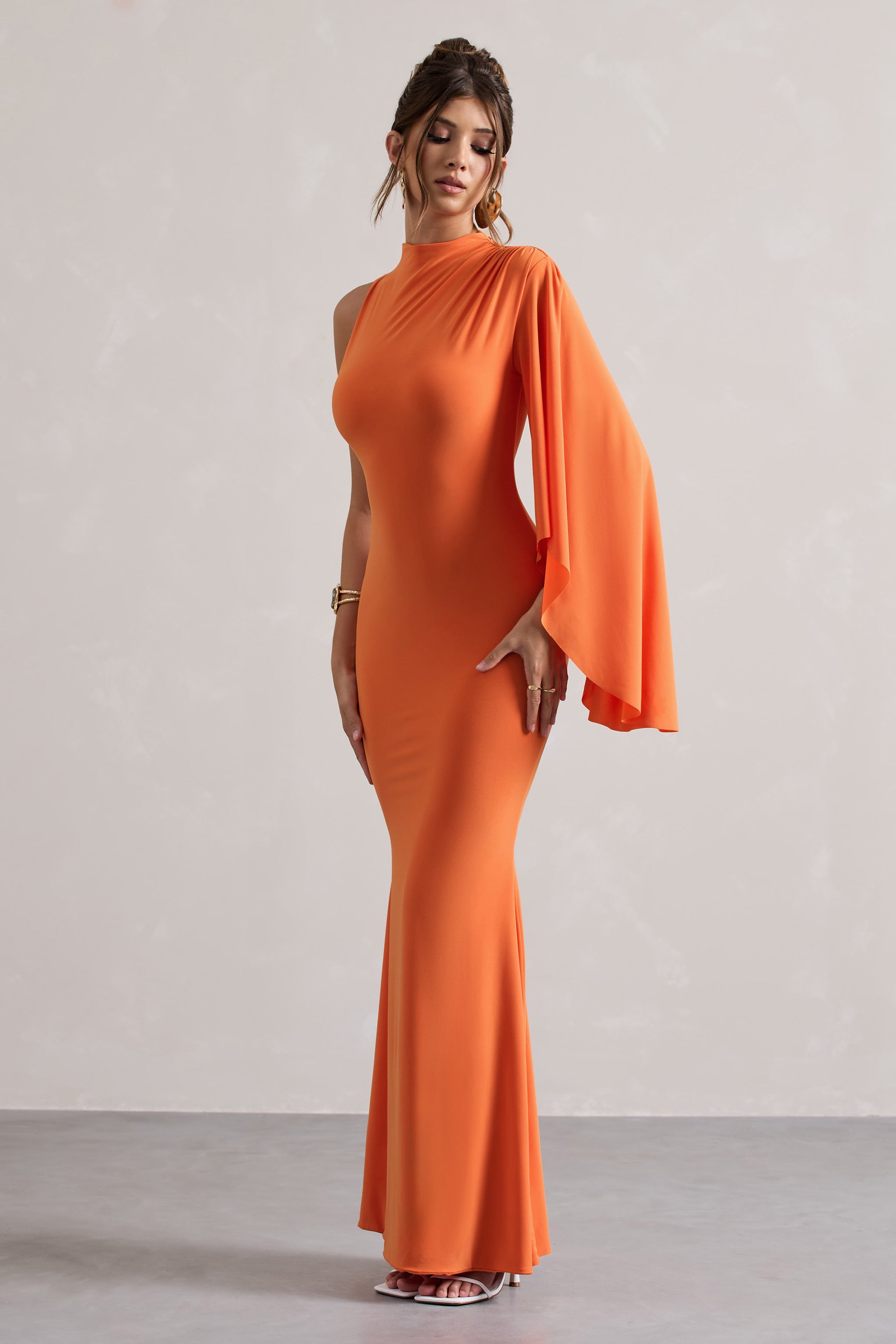 Samaya Orange High-Neck Cape-Sleeve Maxi Dress