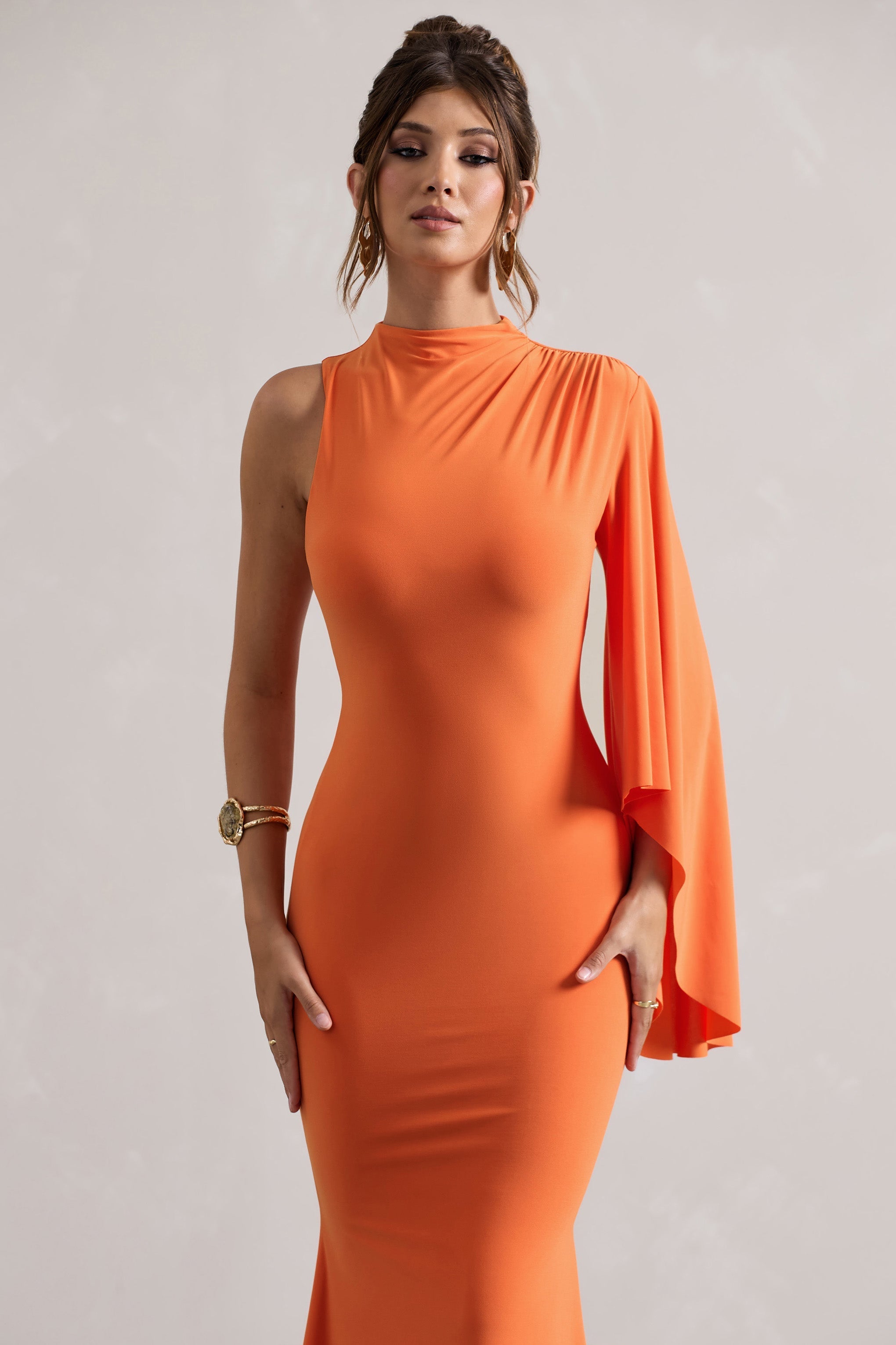 Samaya Orange High-Neck Cape-Sleeve Maxi Dress