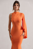 Samaya Orange High-Neck Cape-Sleeve Maxi Dress