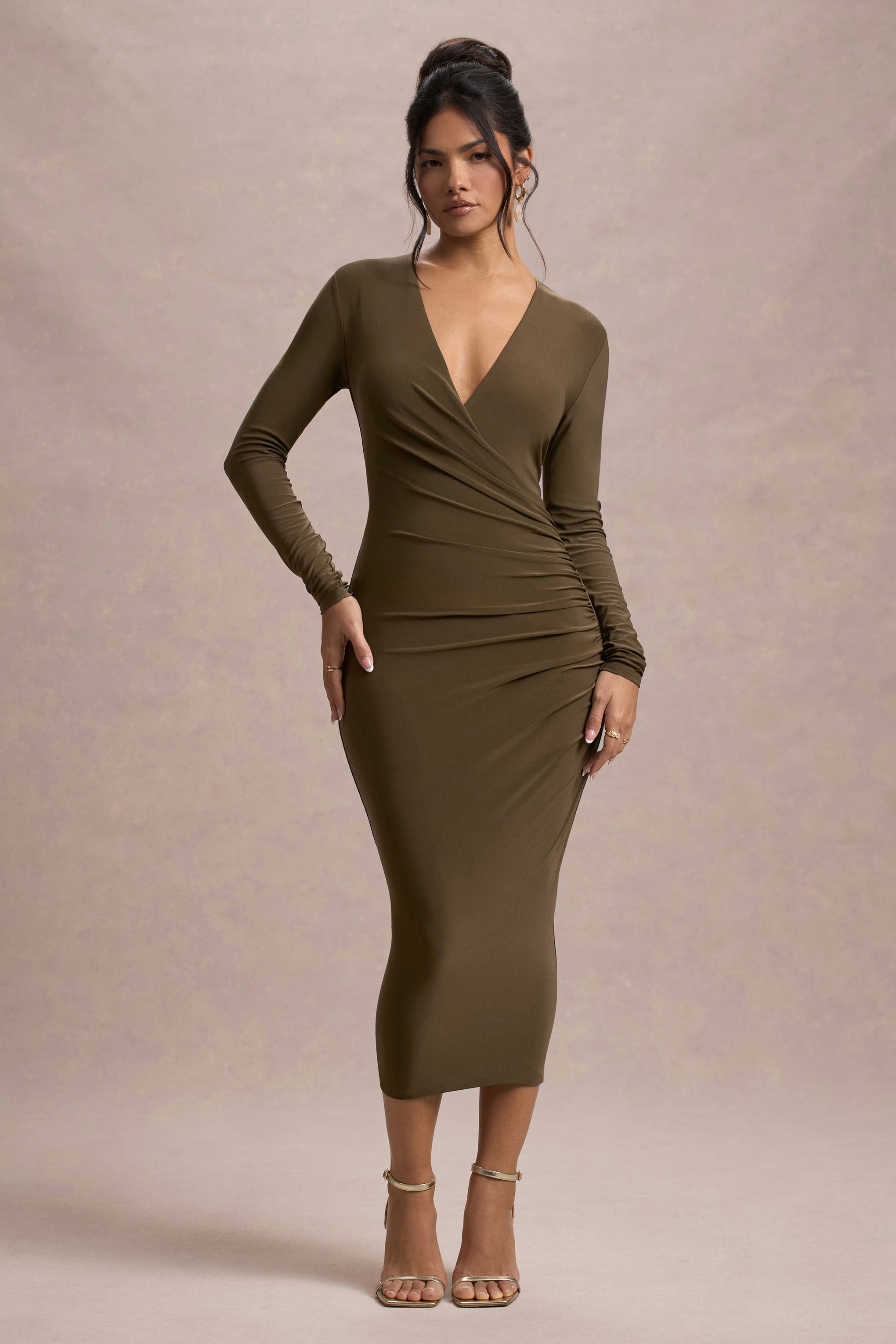 Marcia Khaki Bodycon Plunge-Neck Midi Dress