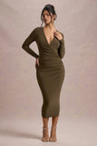 Marcia Khaki Bodycon Plunge-Neck Midi Dress