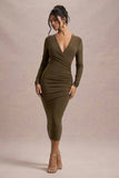 Marcia Khaki Bodycon Plunge-Neck Midi Dress