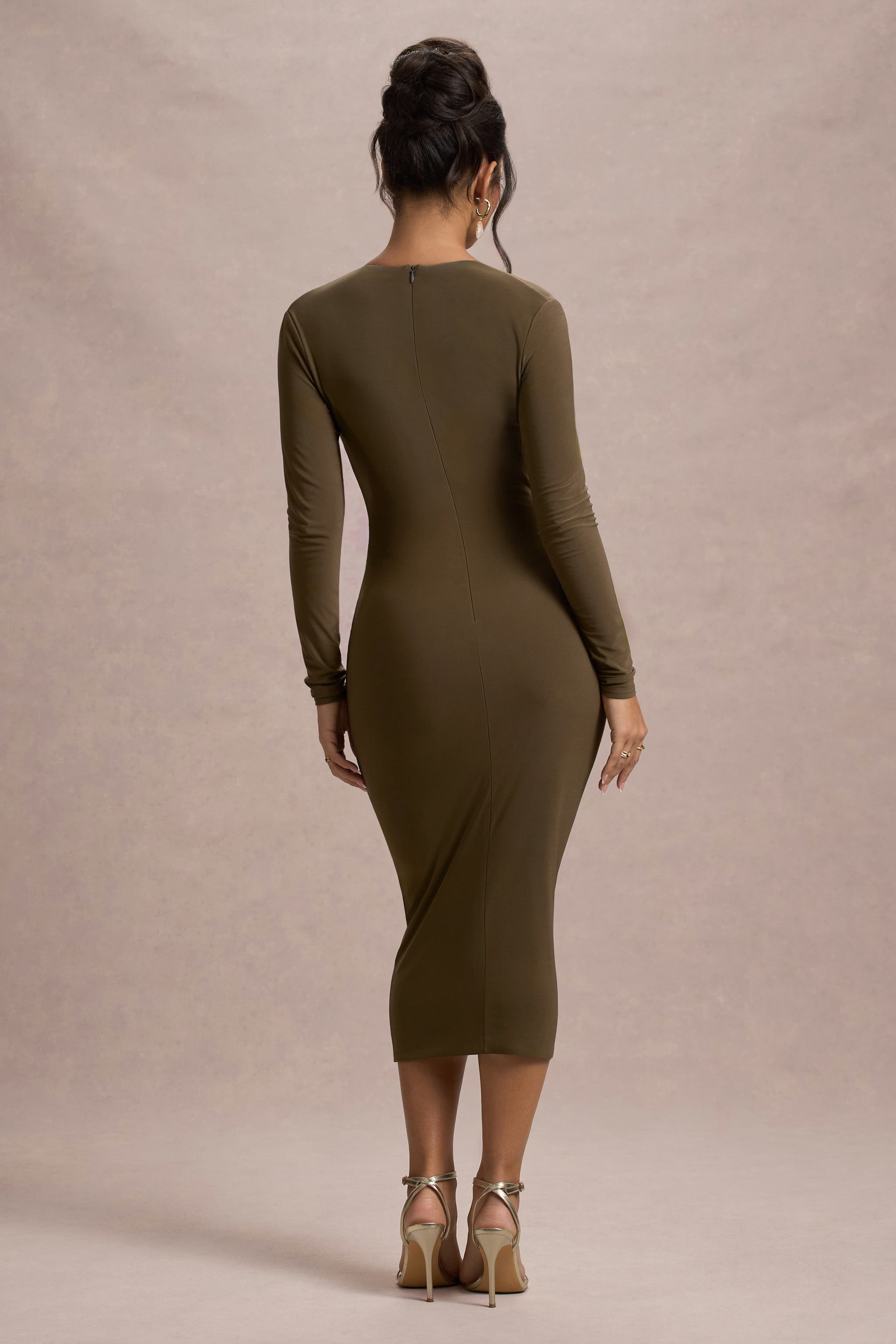 Marcia Khaki Bodycon Plunge-Neck Midi Dress