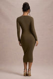 Marcia Khaki Bodycon Plunge-Neck Midi Dress