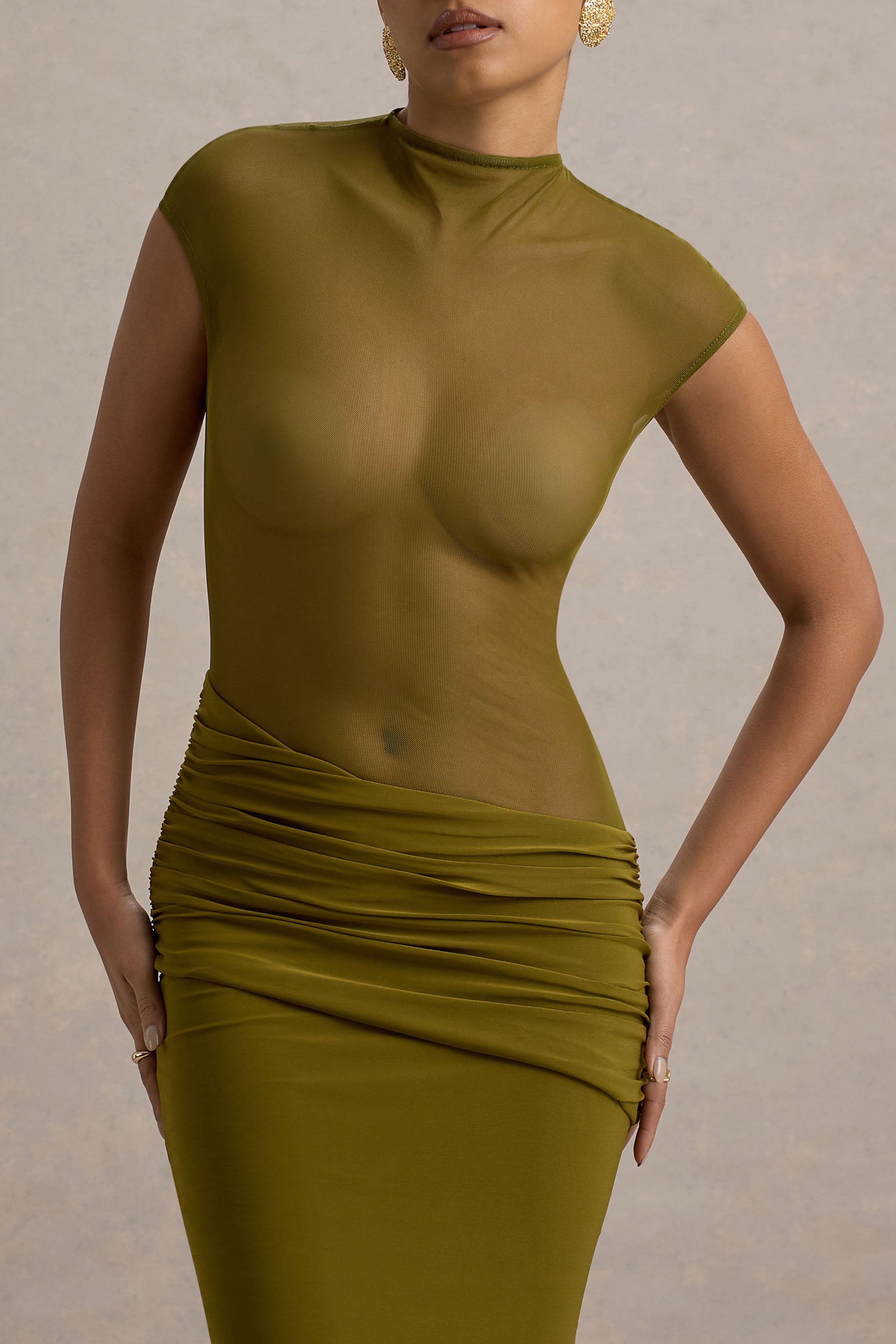 Asia Green Sheer Short-Sleeve Draped Maxi Dress