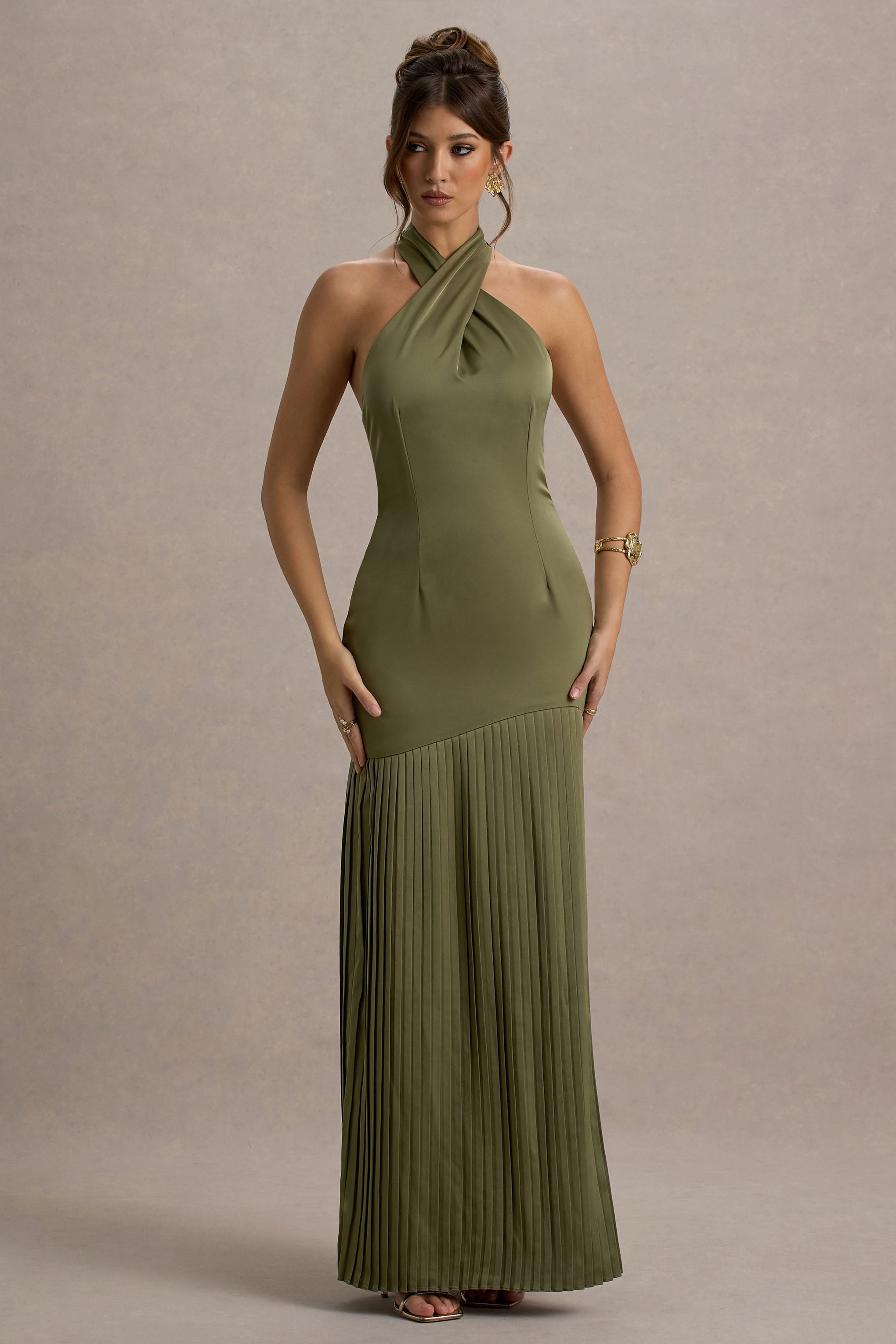Sansa Khaki Satin Cross Halter-Neck Plisse Maxi Dress