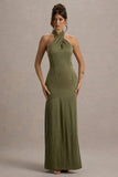 Sansa Khaki Satin Cross Halter-Neck Plisse Maxi Dress