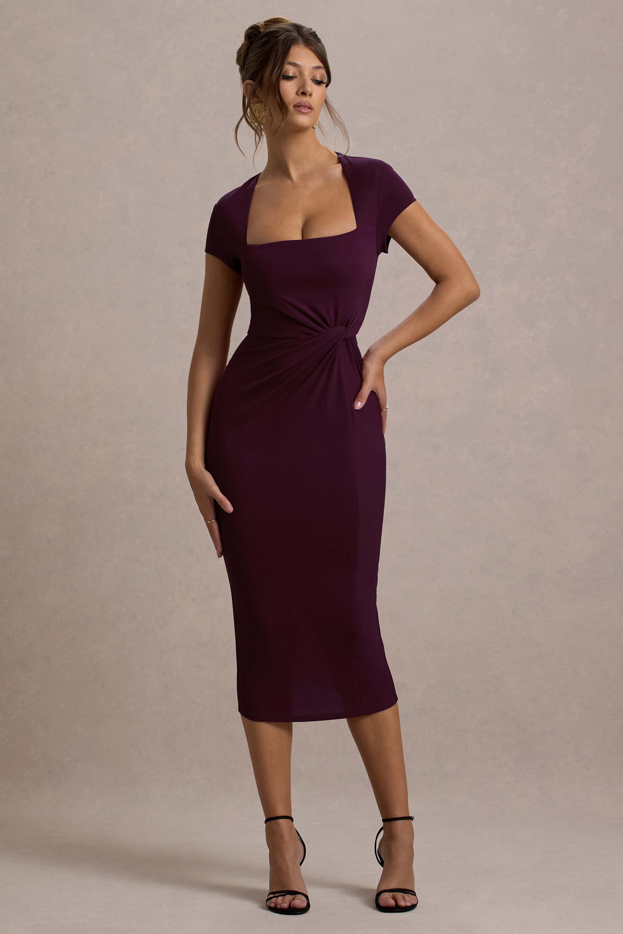 Lorenzie Plum Square-Neck Short-Sleeve Twist Midi Dress