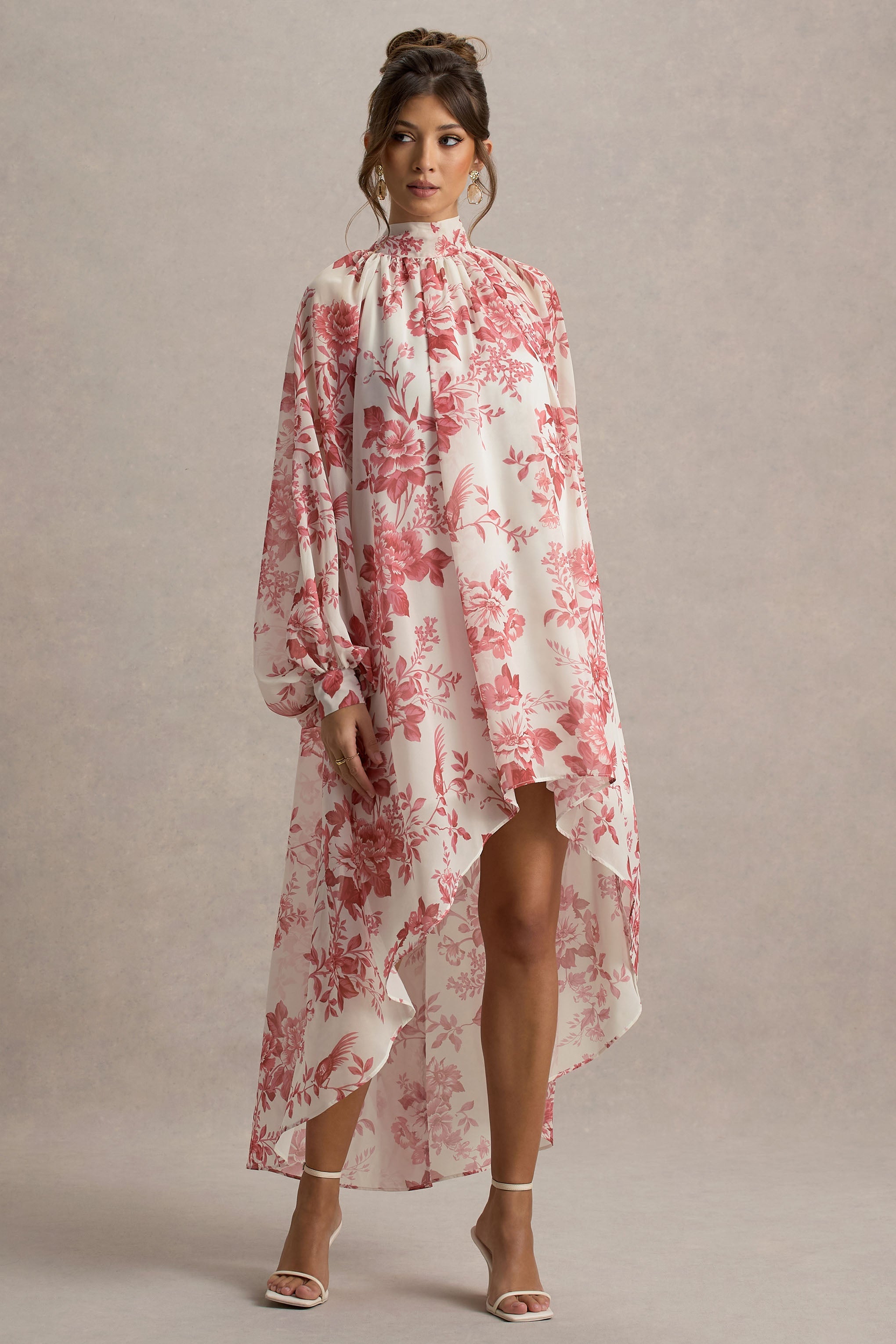 Delphia Pink Porcelain Print High-Neck Maxi Dress With High-Low Hem