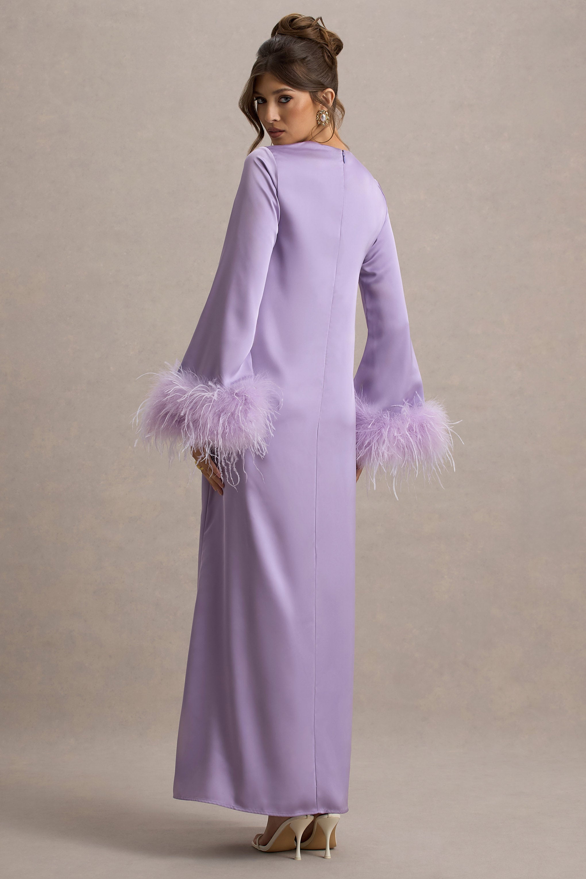Adella Lilac Satin Feather-Trim Maxi Dress