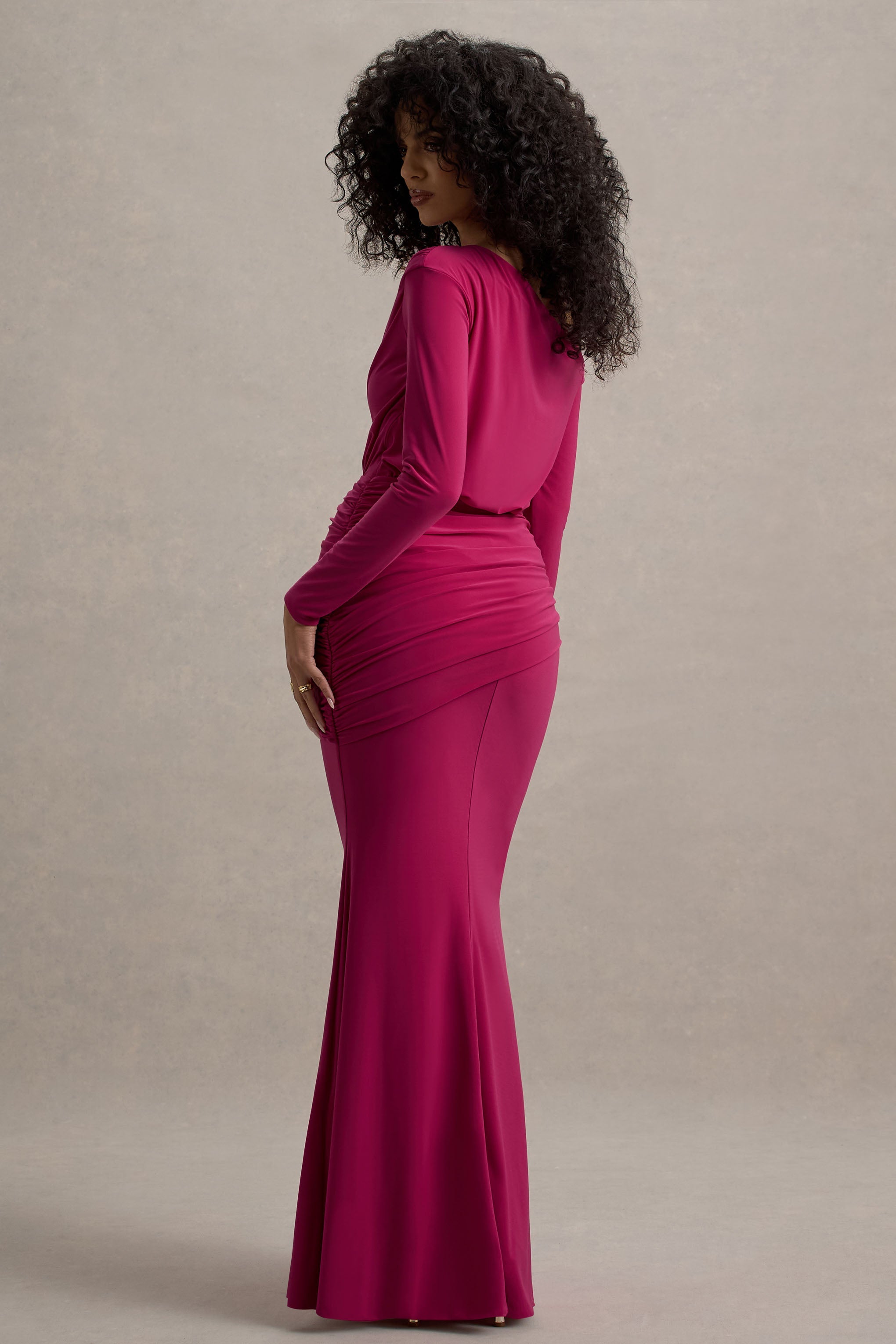 Deanna Hot Pink Asymmetric Long-Sleeve Ruched Maxi Dress