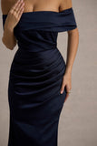 Martine Navy Satin Bardot Wrap Maxi Dress
