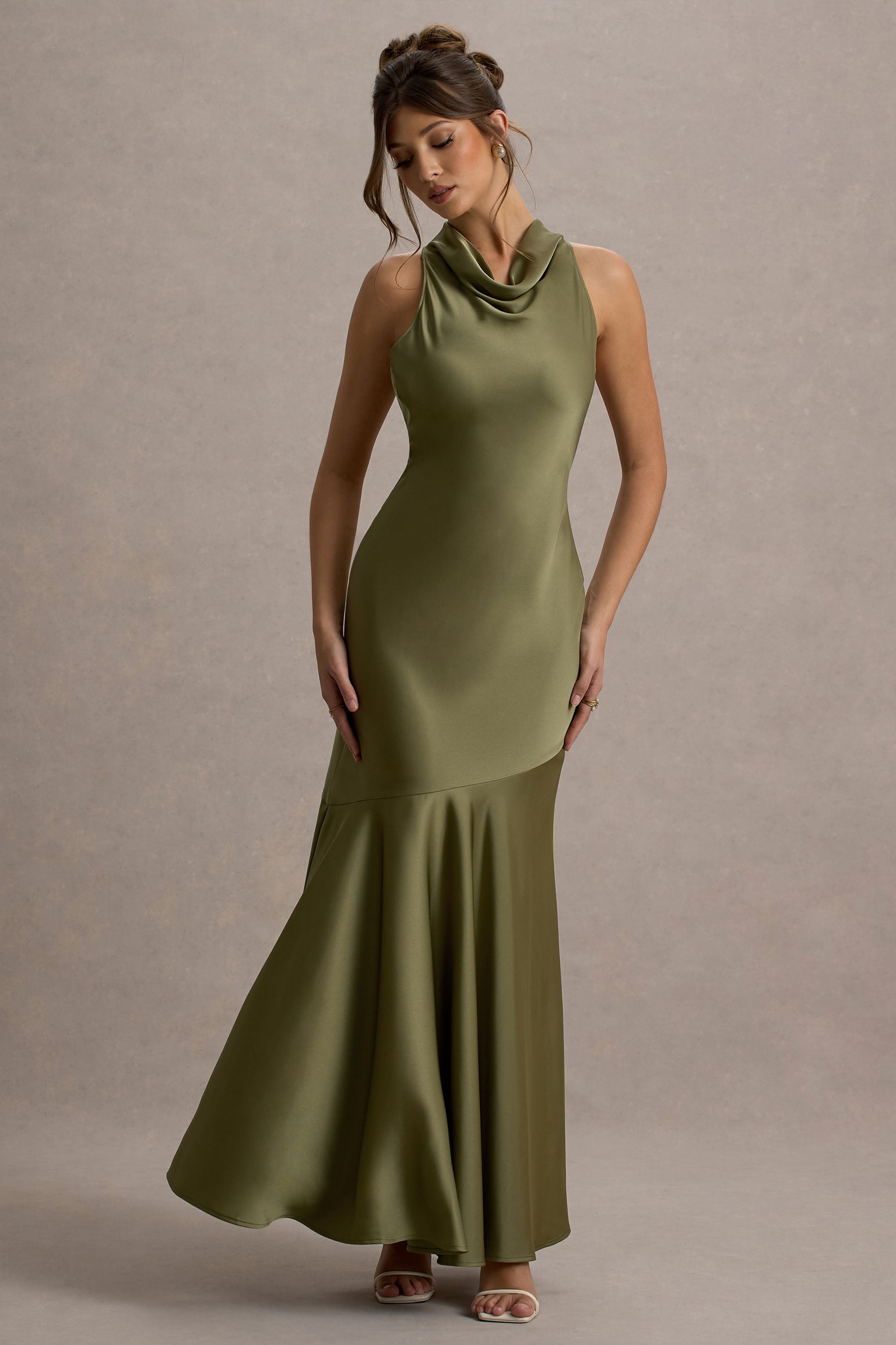 Amelita Khaki Satin Cowl-Neck Maxi Dress