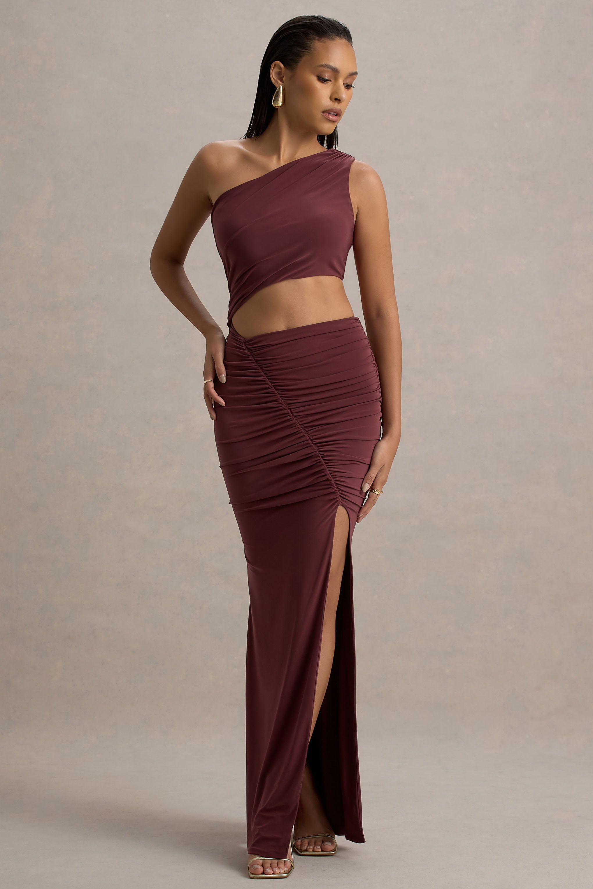 Sena Burgundy Asymmetric Maxi Dress With Cut Out Details