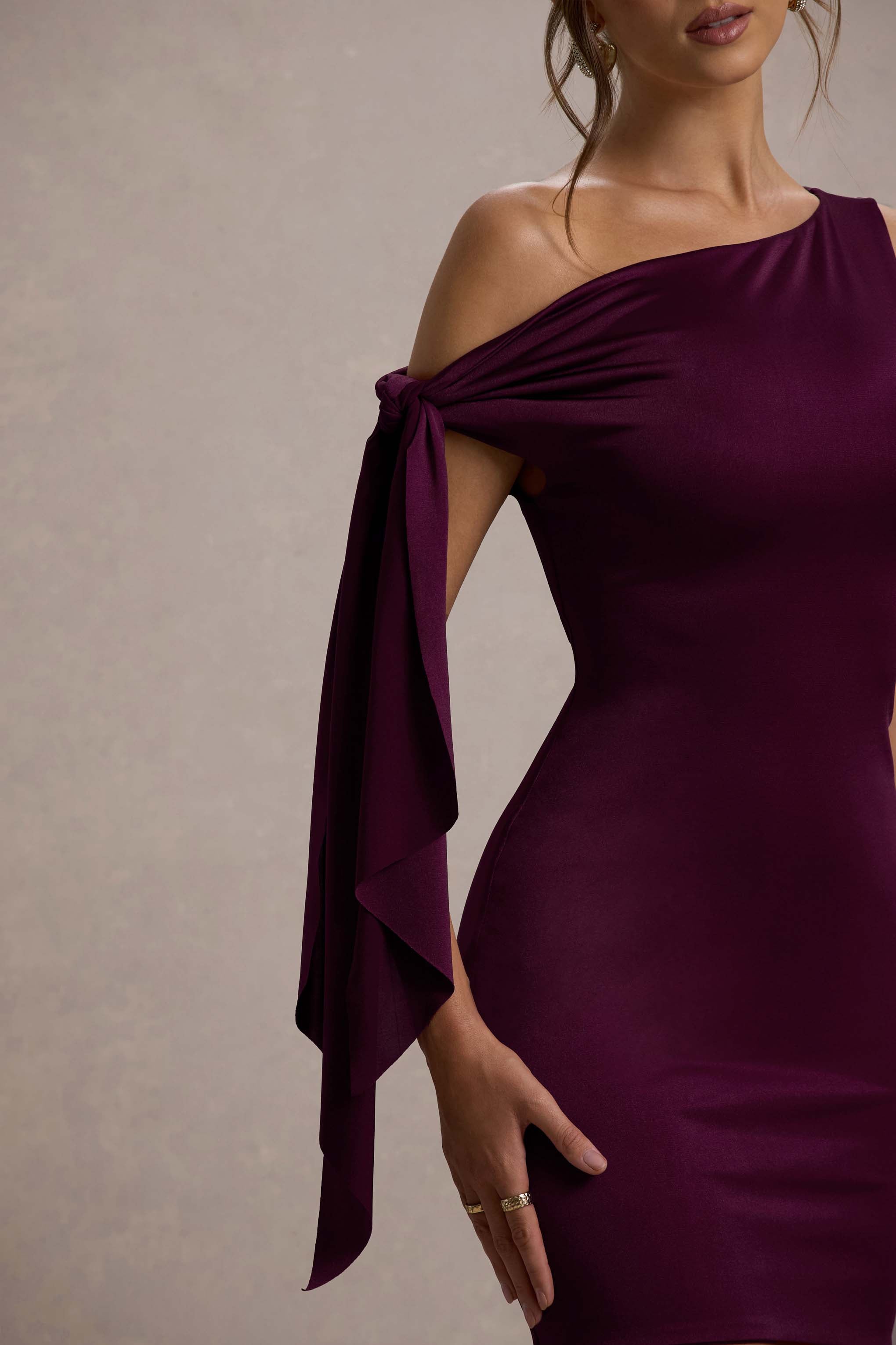 Ilythia Plum Asymmetric Mini Dress With Tie Sleeve