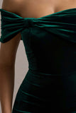 Snowflake Bottle Green Velvet Bardot Bow Detail Midi Dress
