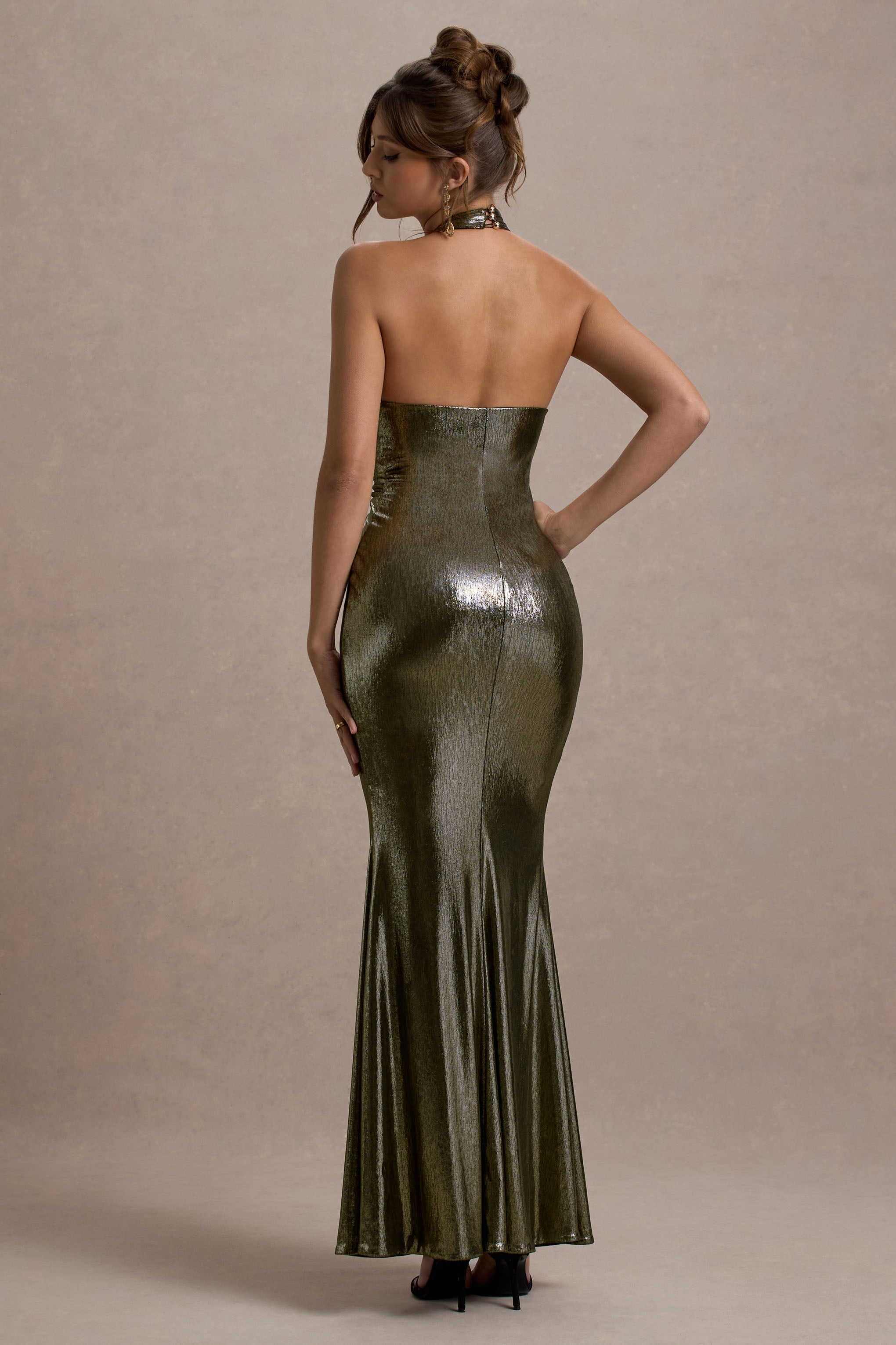 Carana Gold Plunge-Neck Knotted Split Maxi Dress