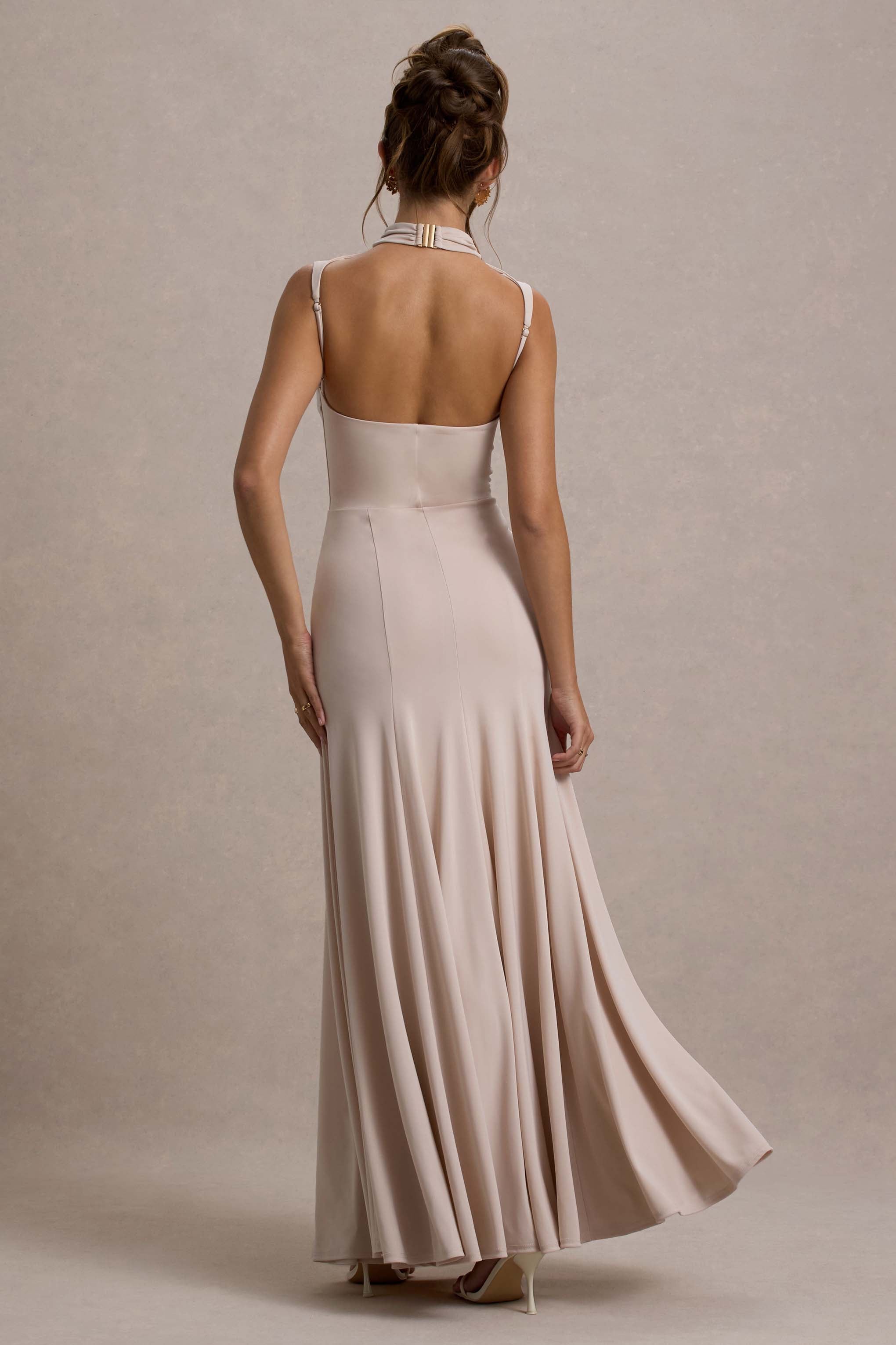 Ulani Champagne High-Neck Maxi Dress With Open Back
