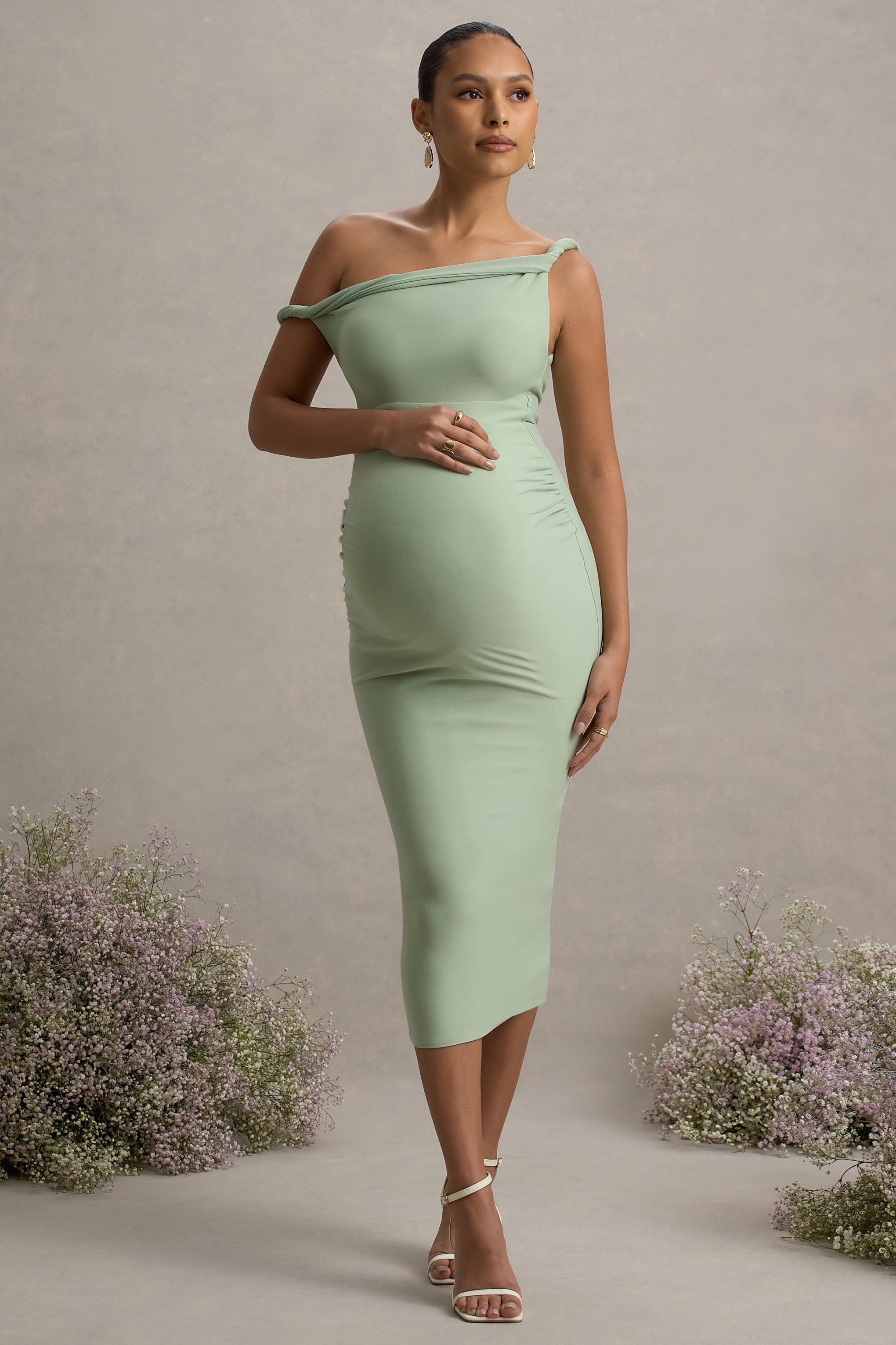 Salome Light Green Twisted Asymmetric Maternity Midi Dress