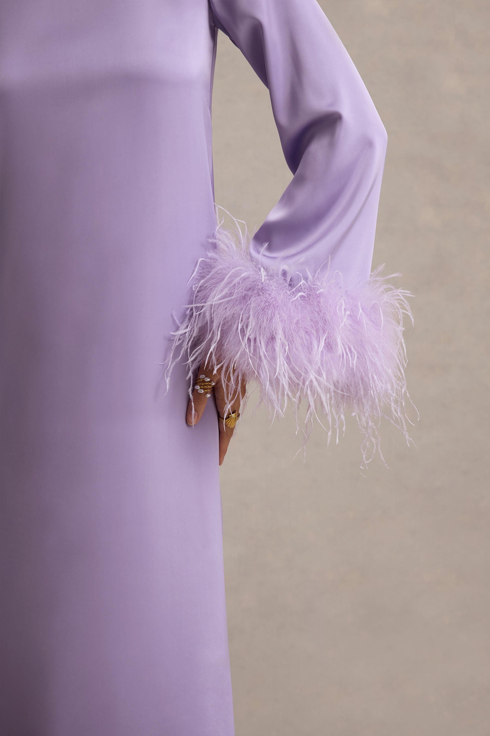 Adella Lilac Satin Feather-Trim Maxi Dress