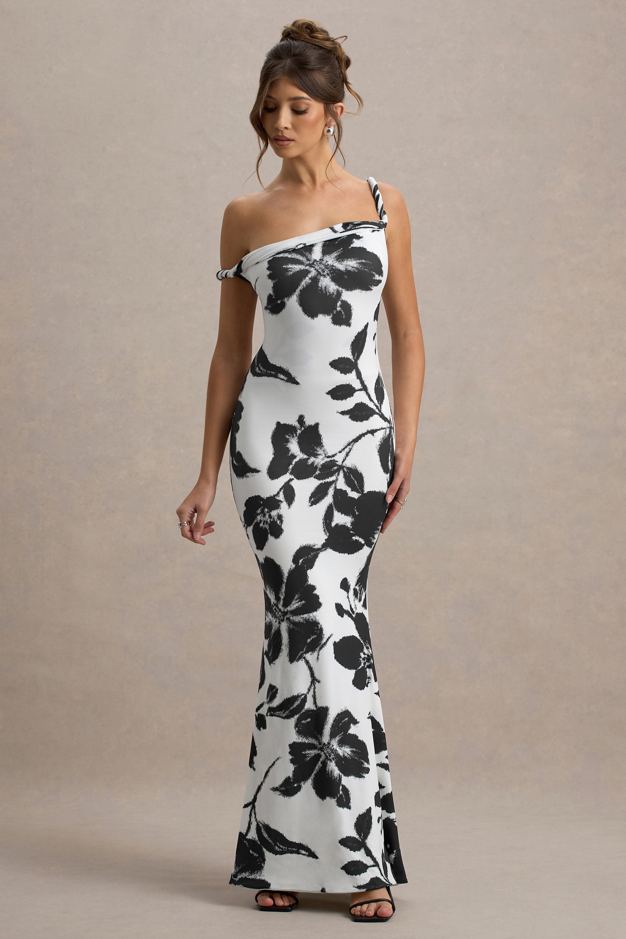 Lita Monochrome Floral Print Twisted Asymmetric Maxi Dress