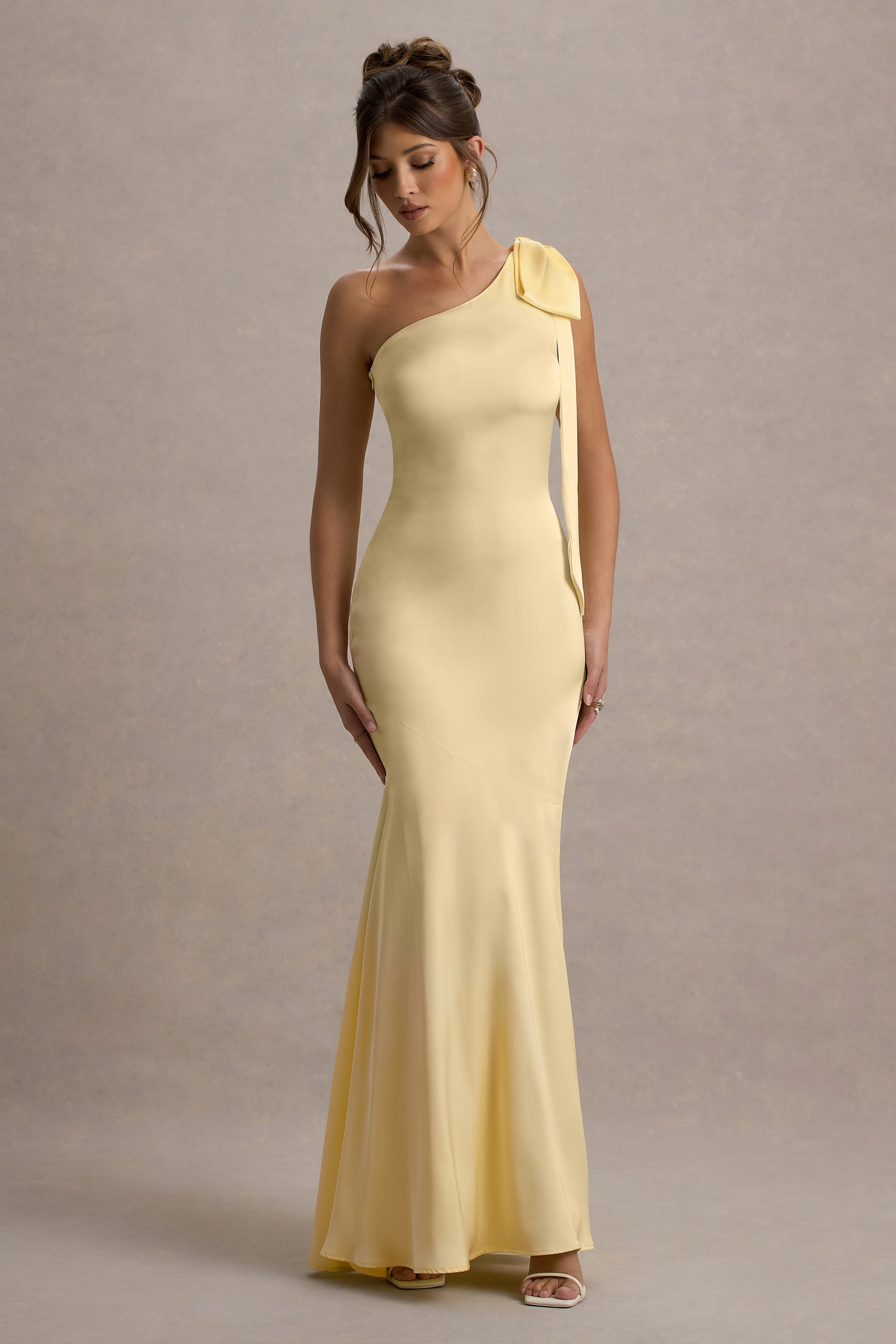 Here For Love Lemon Satin Asymmetric Maxi Dress With Bow