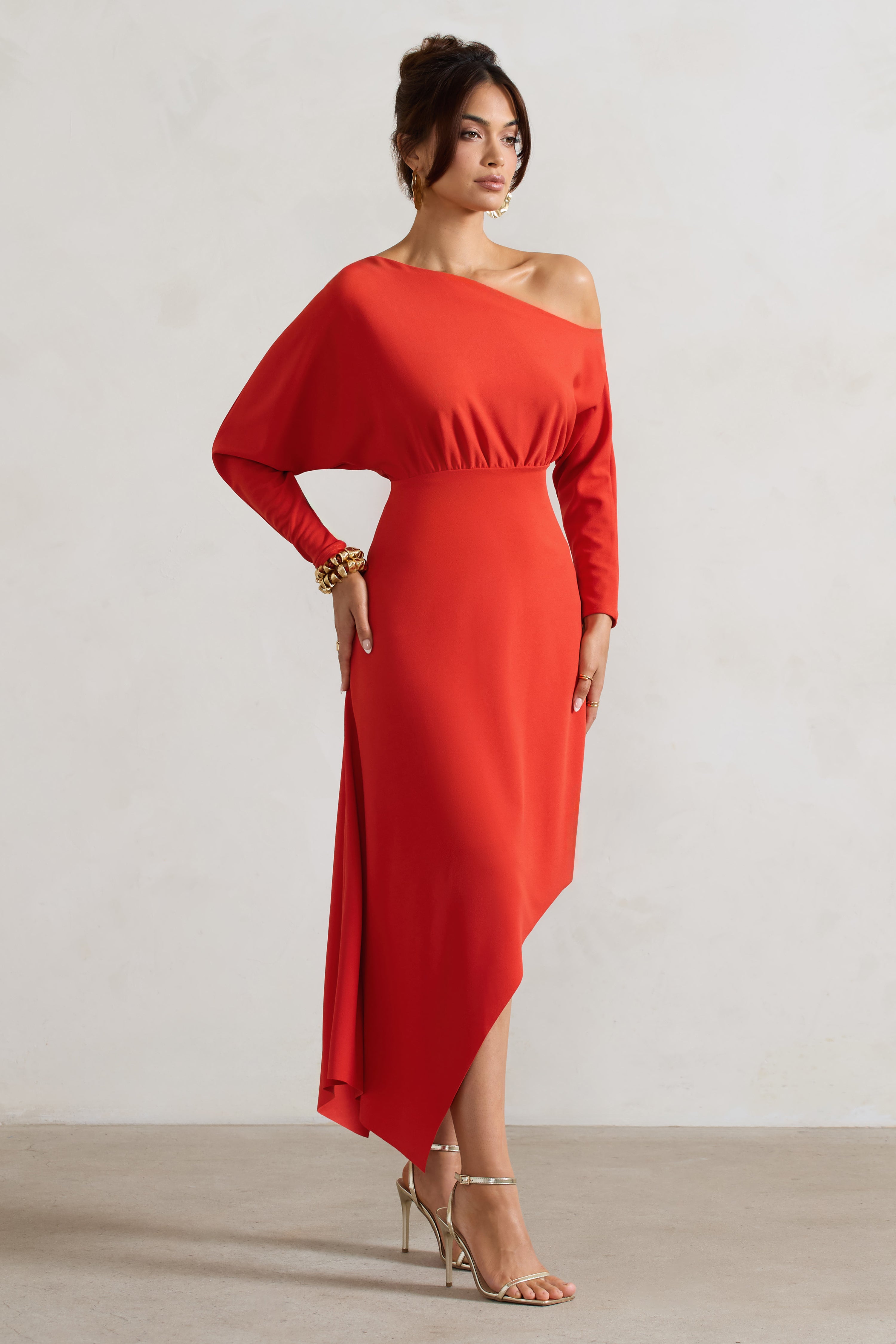 Lori Orange Asymmetric Long-Sleeve Maxi Dress