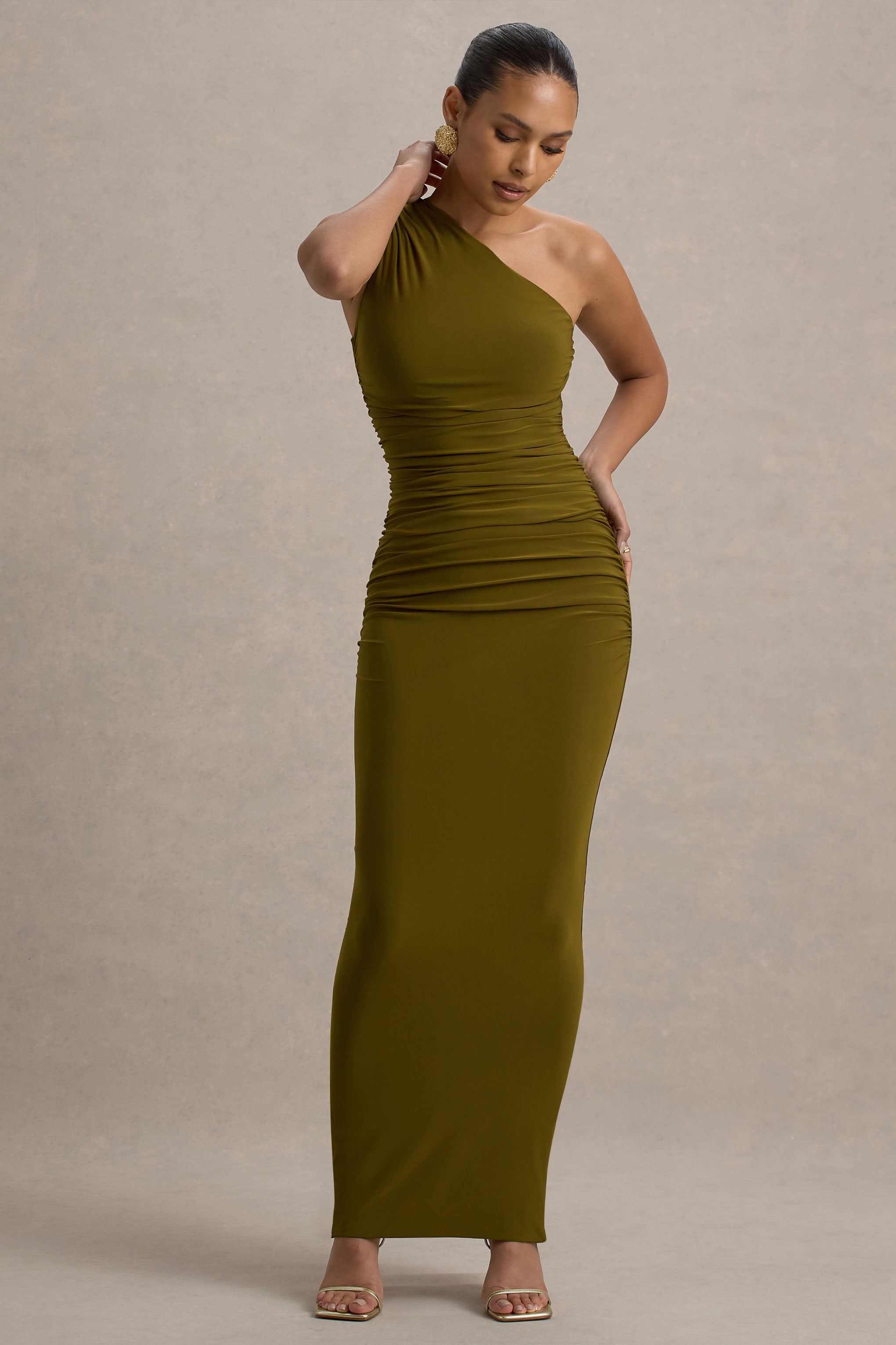 Dalarie Green One-Shoulder Gathered Maxi Dress