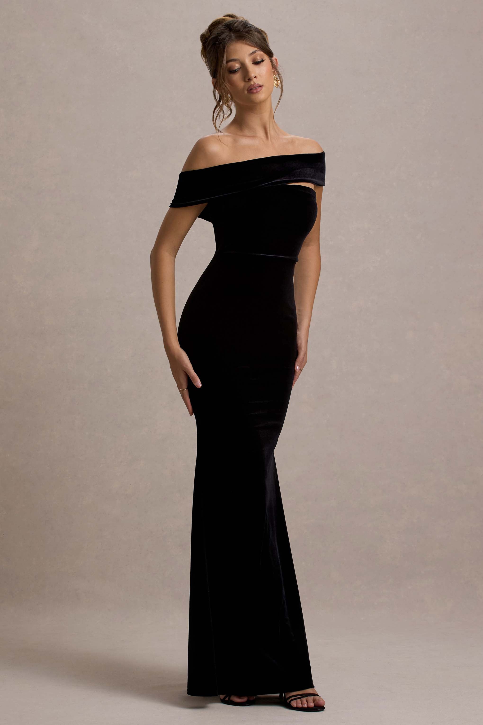 Candela Black Velvet Asymmetric Bardot Maxi Dress