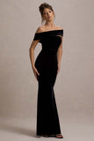 Candela Black Velvet Asymmetric Bardot Maxi Dress