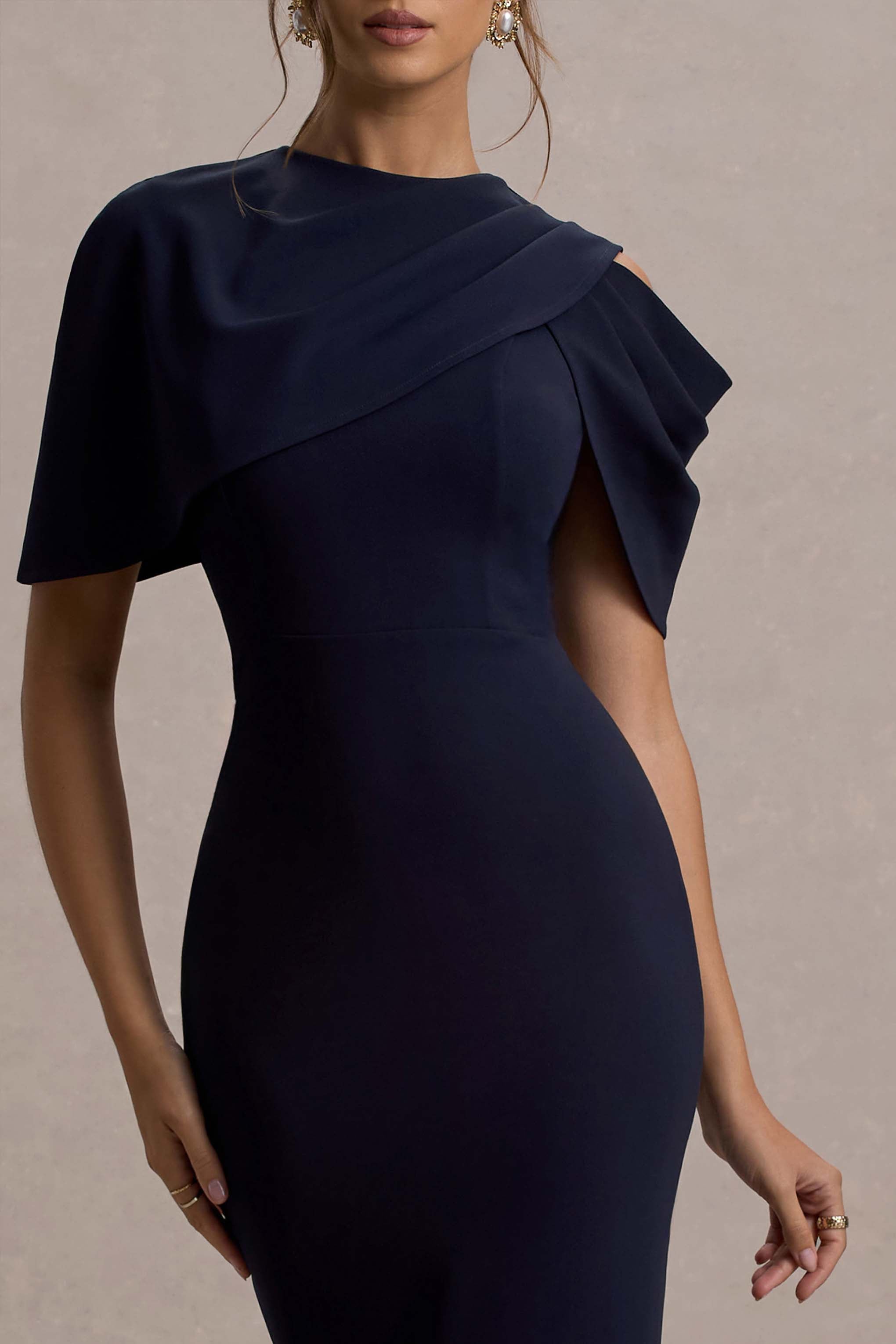 Dorothea Navy Draped Midi Dress With Cape