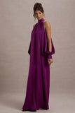 Baila Mulberry Satin High-Neck Cape-Sleeve Maxi Dress