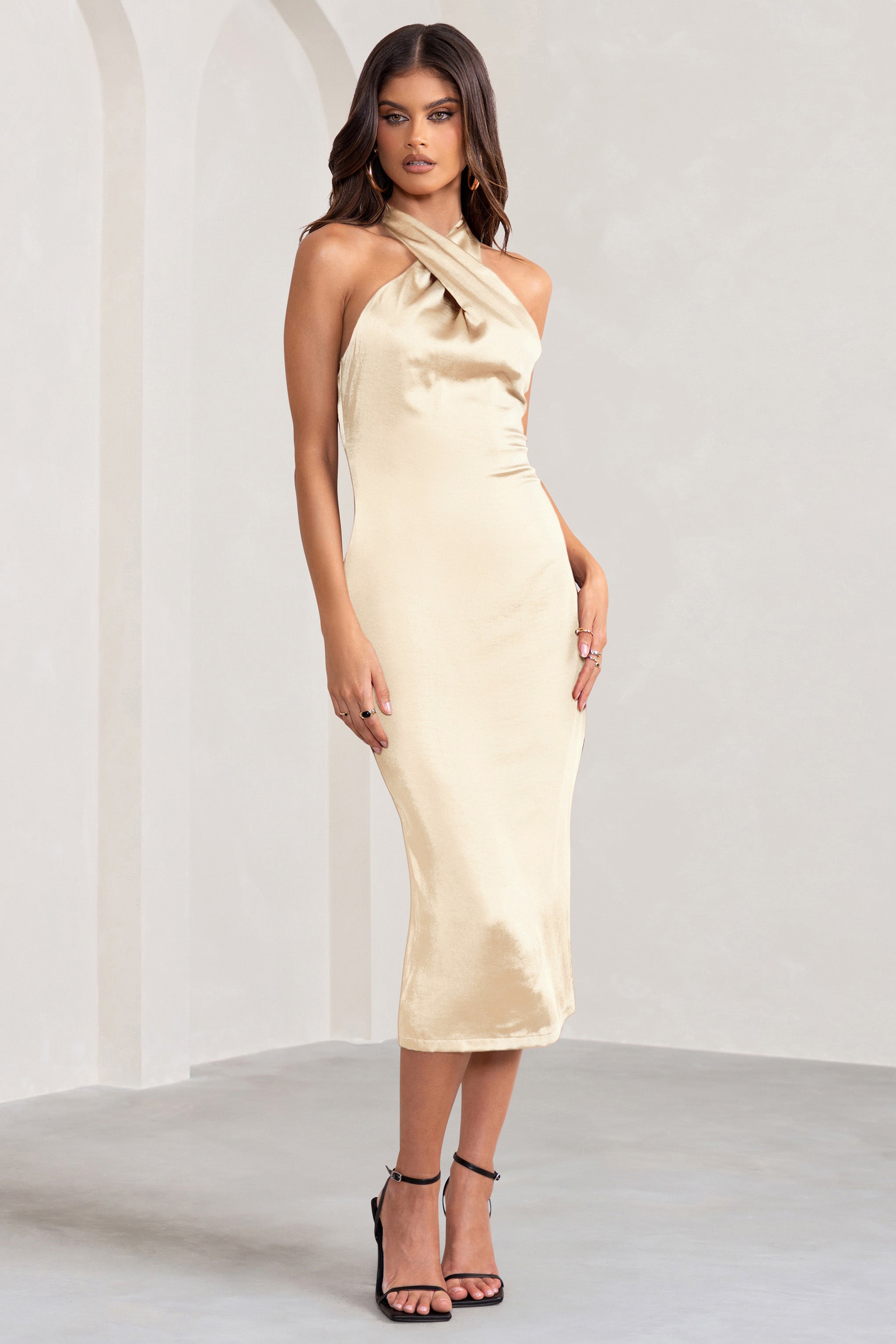 Dazzling Champagne Satin Cross Over Halter Neck Midi Dress