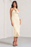 Dazzling Champagne Satin Cross Over Halter Neck Midi Dress