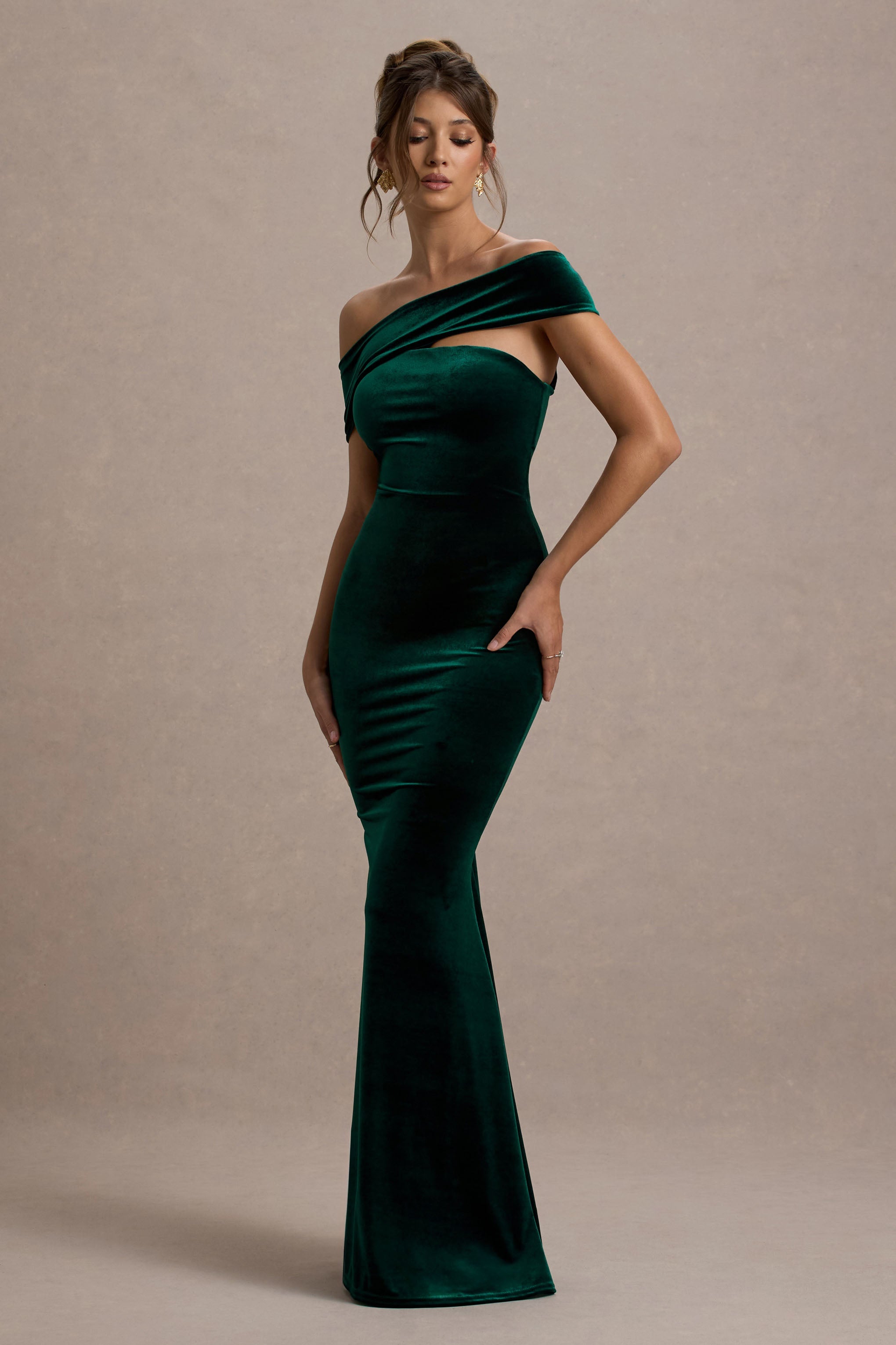 Candela Bottle Green Velvet Asymmetric Bardot Maxi Dress