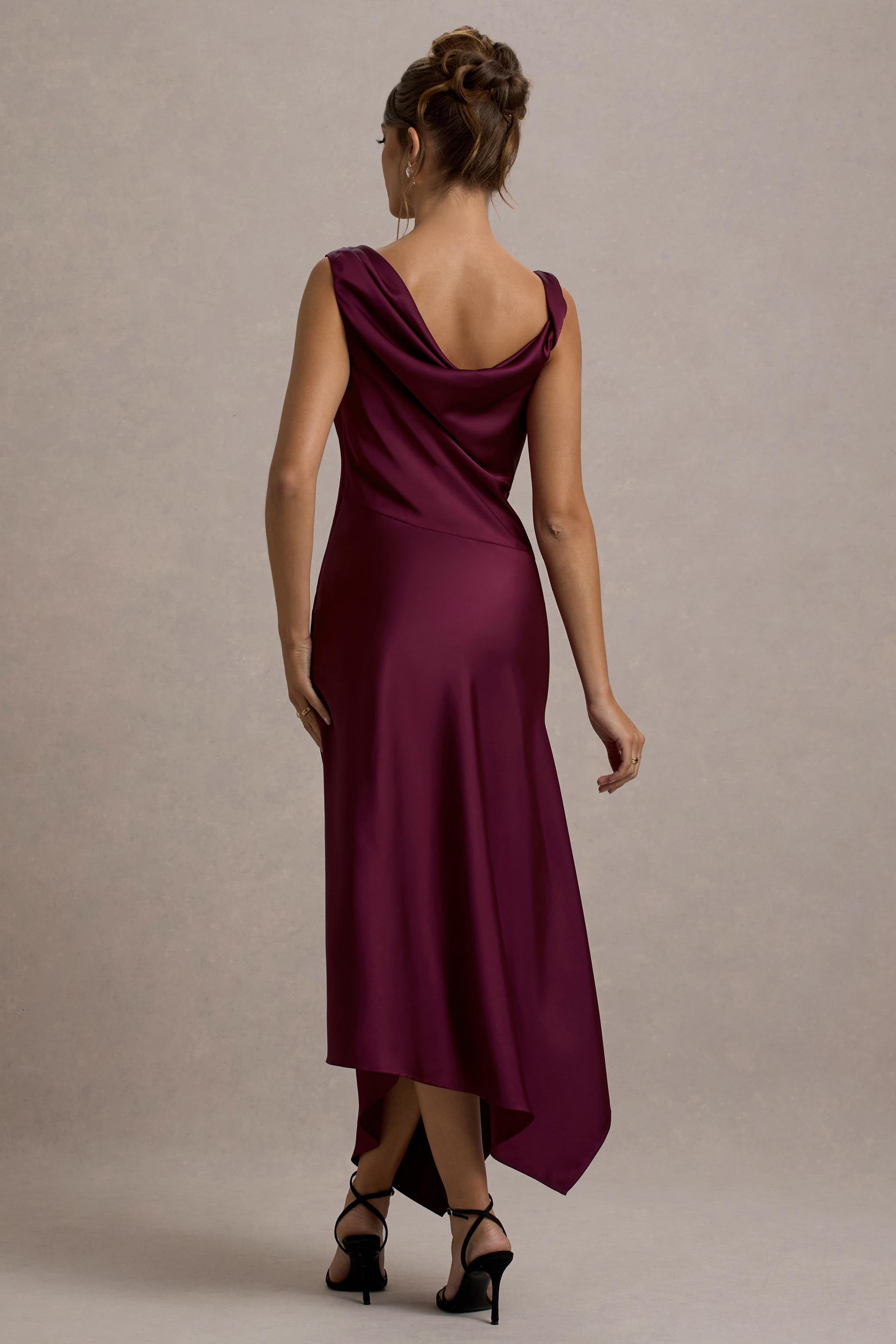 Donelli Plum Satin Asymmetric Midi Dress