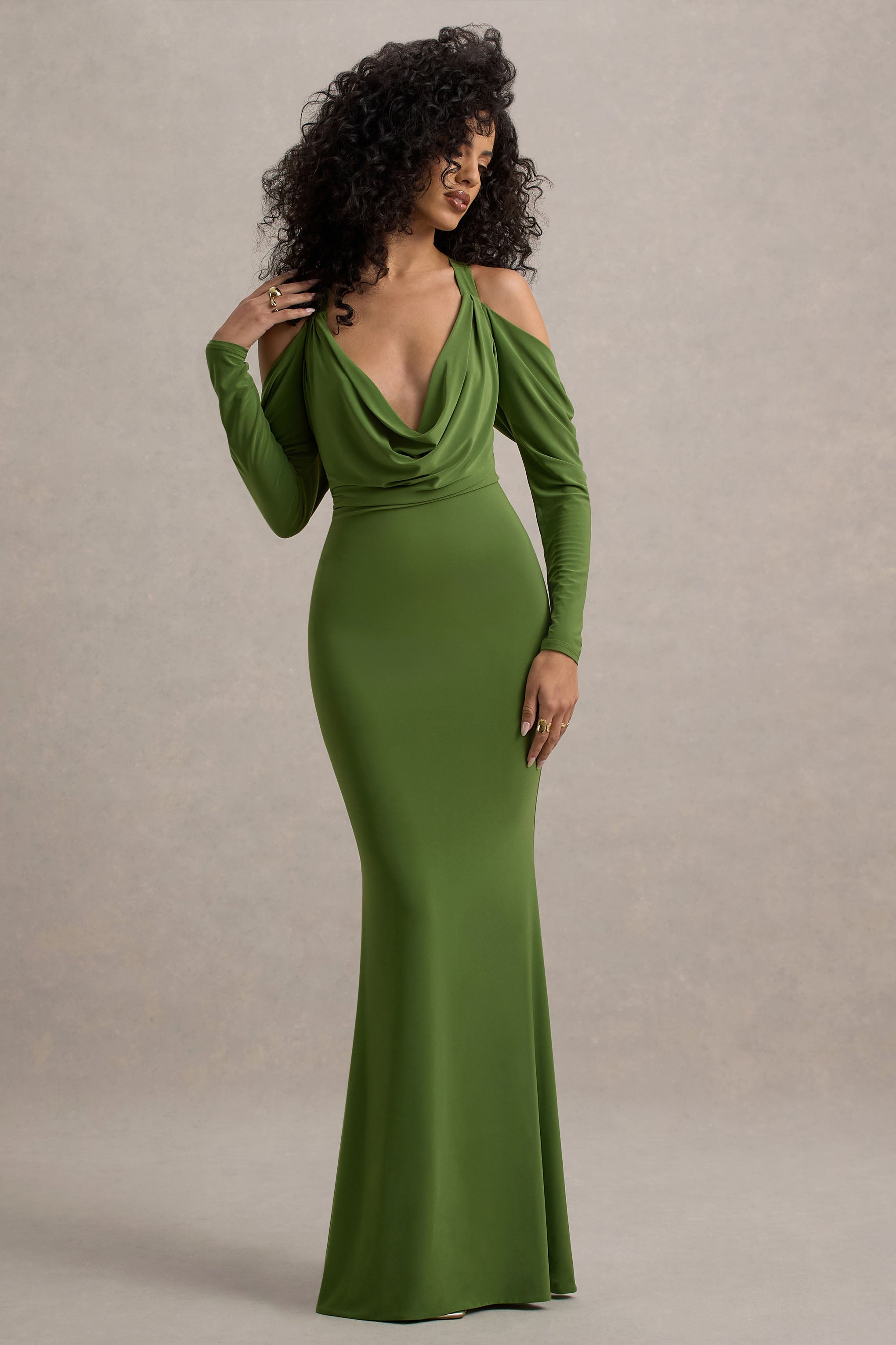 Hurghada Green Plunge-Neck Long-Sleeve Maxi Dress